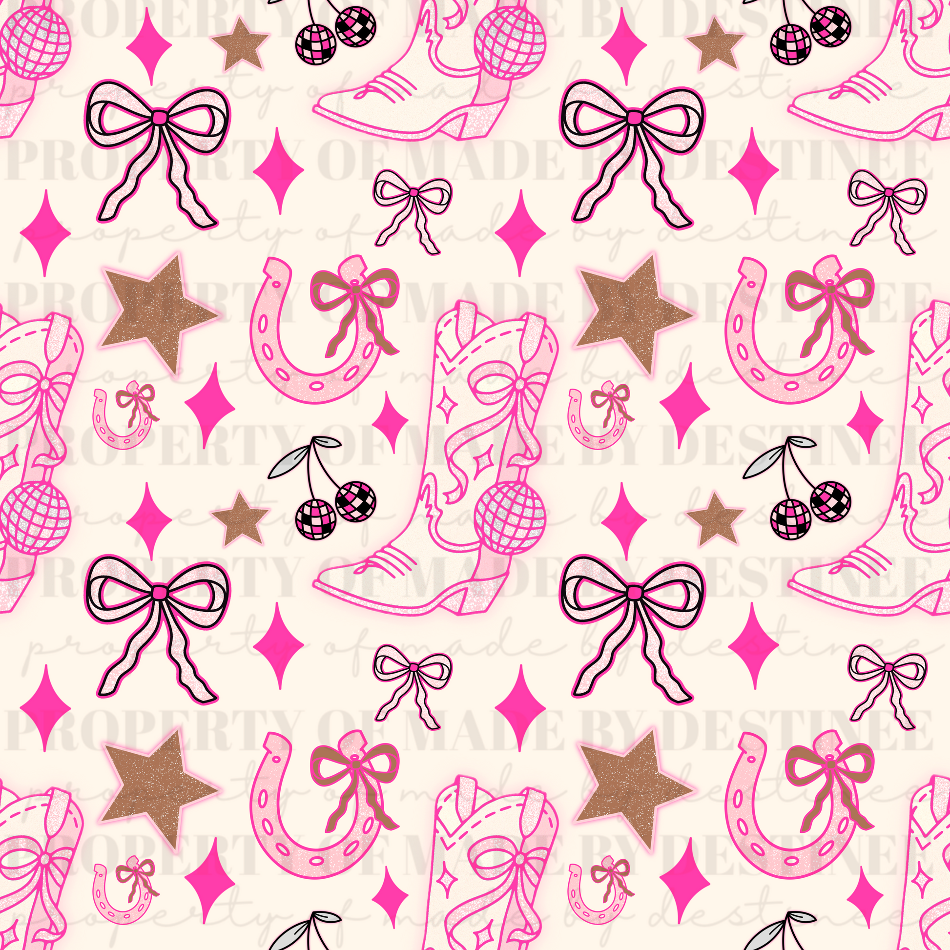 Pink Western Disco Seamless Pattern β Boots, Bows, Horseshoes & Stars