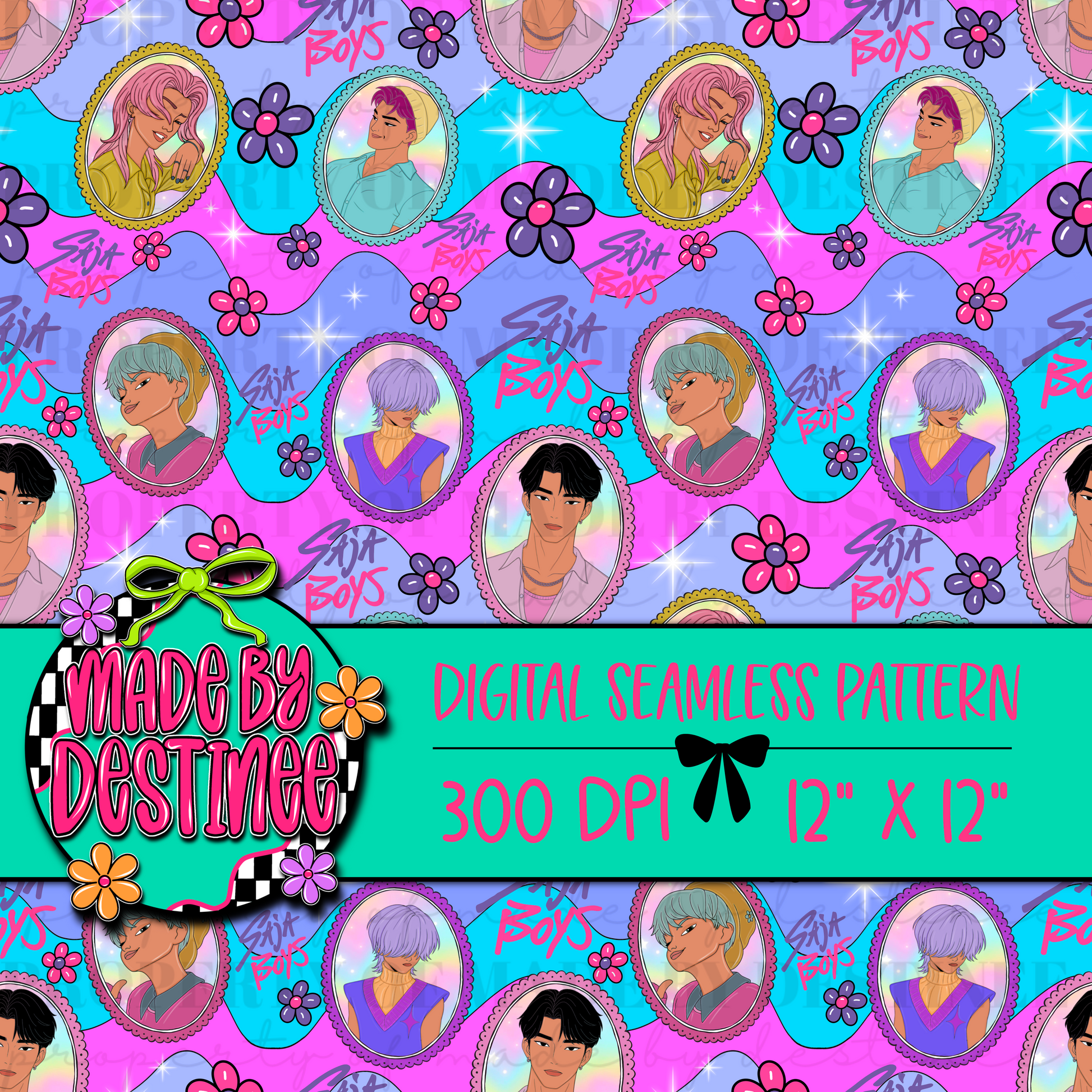 Saja Boys Digital Seamless Pattern PNG β Y2K Kpop-Inspired Pastel Floral Background | 12x12" 300 DPI