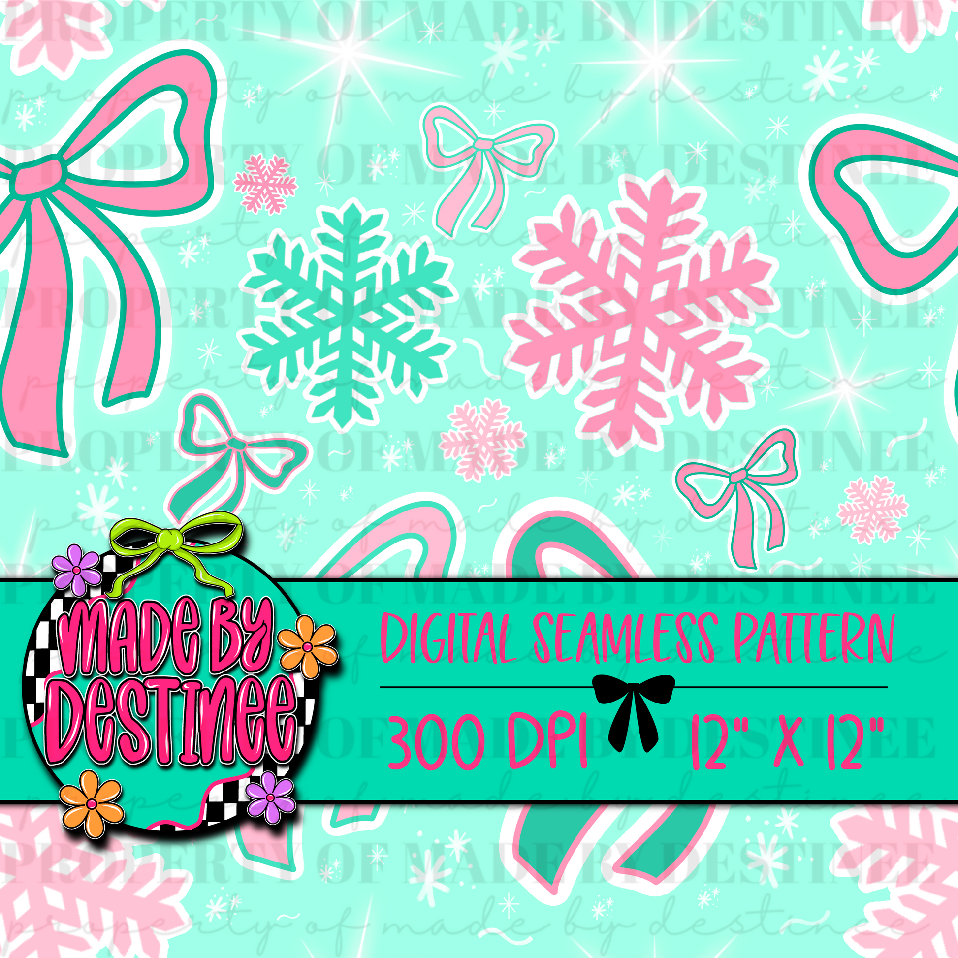 Pink & Teal Christmas Seamless Pattern | Holiday Bows & Snowflakes Digital Paper PNG | Pastel Winter Background