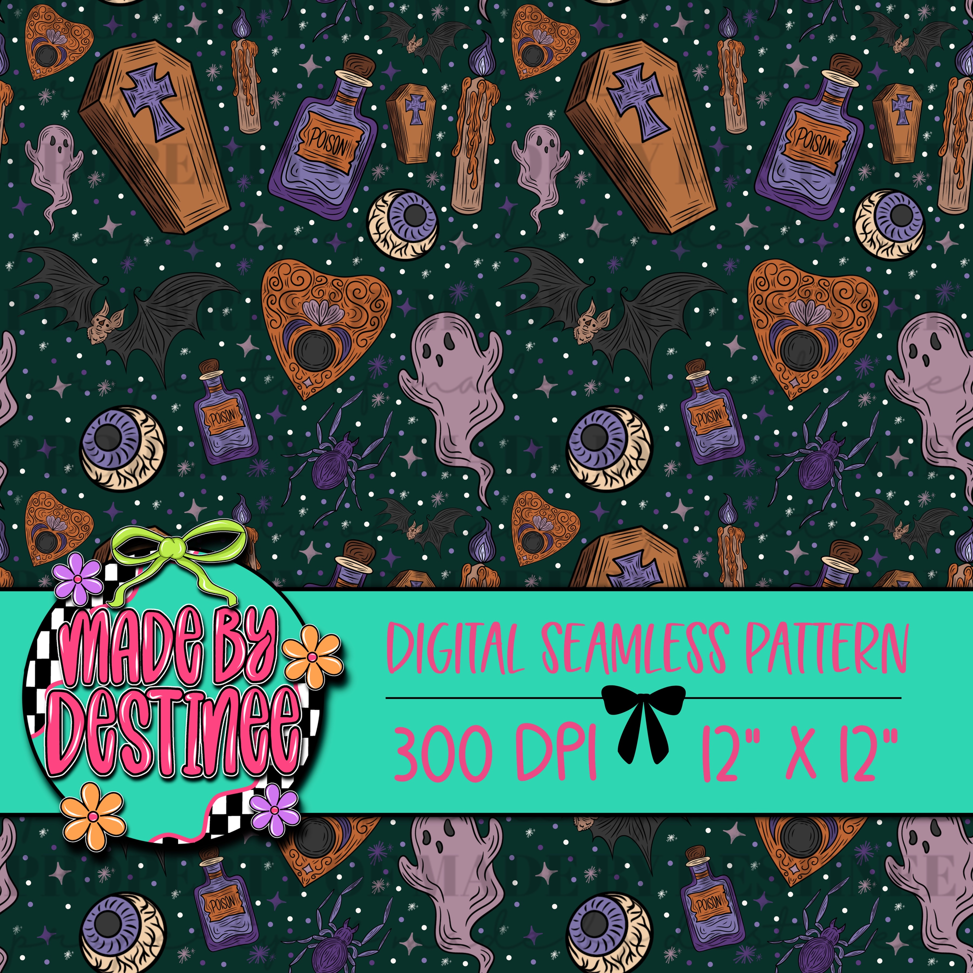FREEBIE β Spooky Halloween Seamless Pattern | Ghosts, Coffins, Potions & Bats PNG