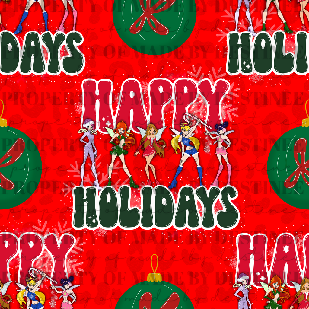 ✨ Winx Club “Happy Holidays” Seamless Pattern Bundle | Retro Christmas Digital PNG Backgrounds | Checkerboard, Zebra, and Festive Variants | Made by Destinee x Ditsy Gal Designs