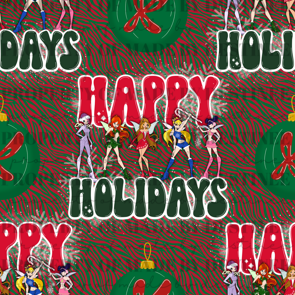 ✨ Winx Club “Happy Holidays” Seamless Pattern Bundle | Retro Christmas Digital PNG Backgrounds | Checkerboard, Zebra, and Festive Variants | Made by Destinee x Ditsy Gal Designs
