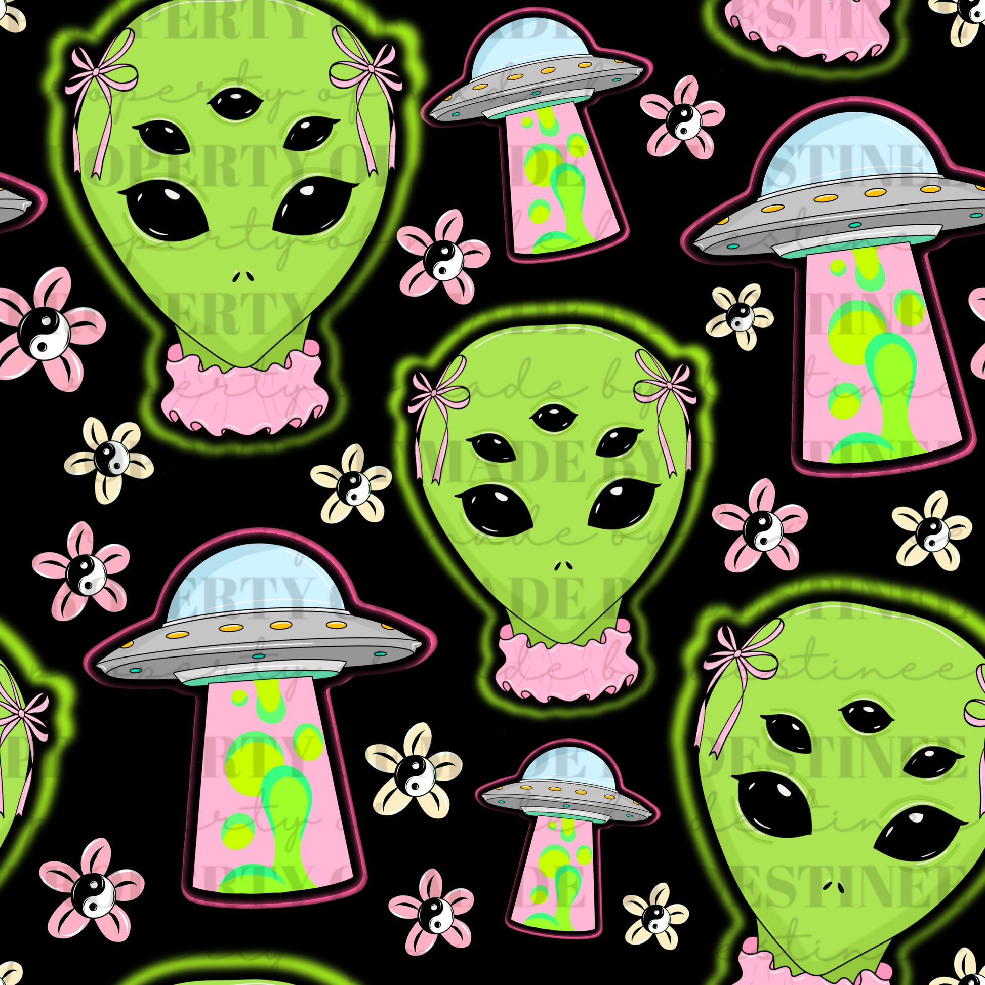 Coquette Alien & UFO Seamless Pattern | Trippy Pastel Space PNG