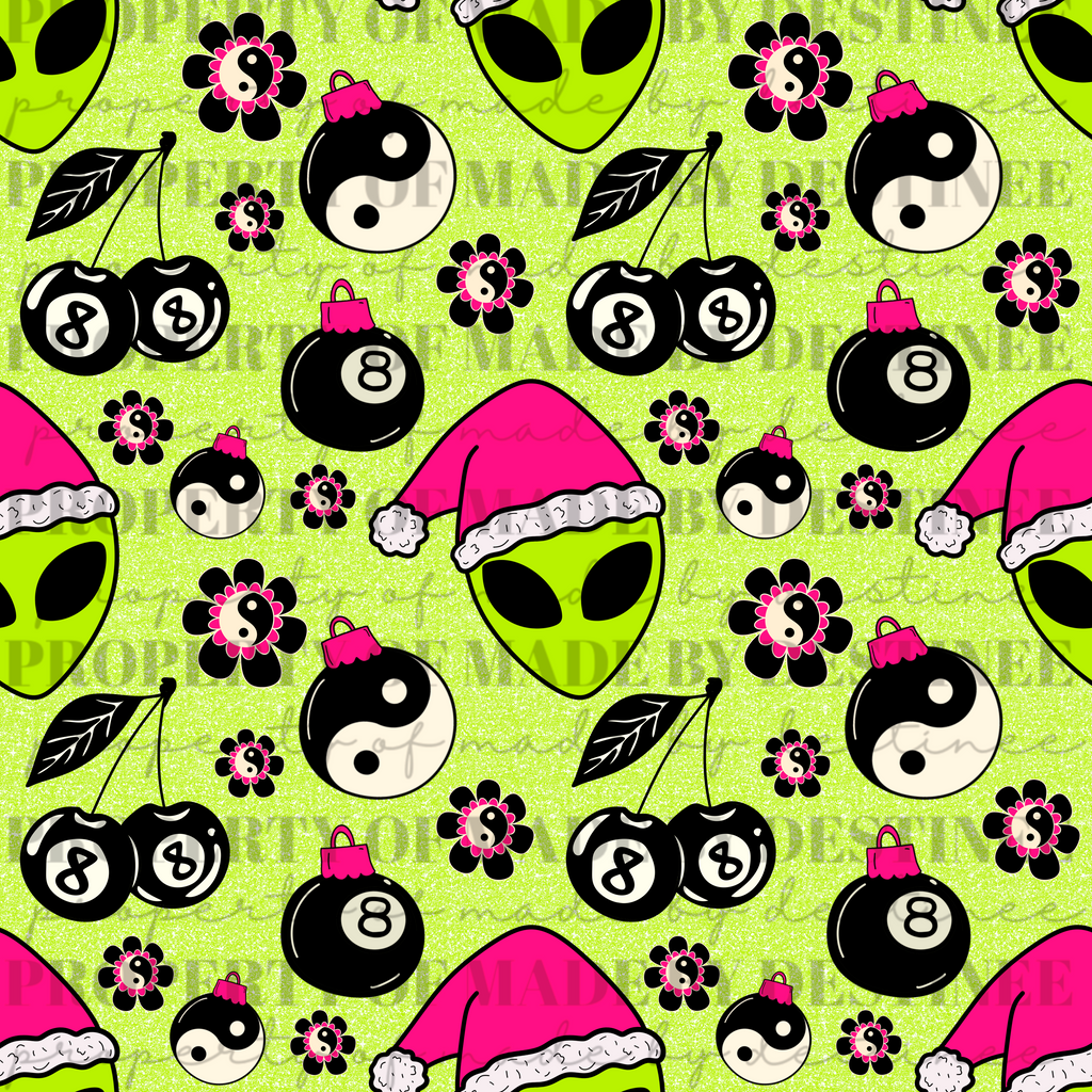 Neon Alien Christmas Seamless Pattern | Hot Pink Flames, Yin Yang, 8 Ball Ornaments & Cherries | Trippy Holiday Seamless Print