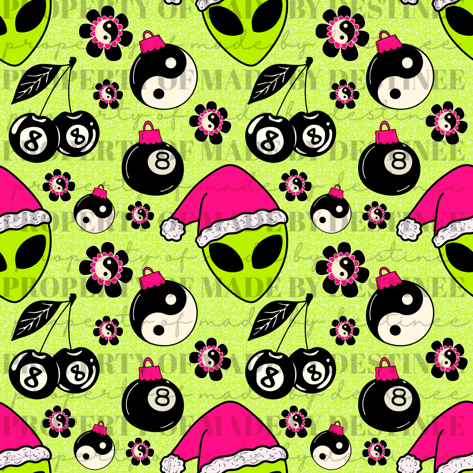 Neon Alien Christmas Seamless Pattern | Hot Pink Flames, Yin Yang, 8 Ball Ornaments & Cherries | Trippy Holiday Seamless Print