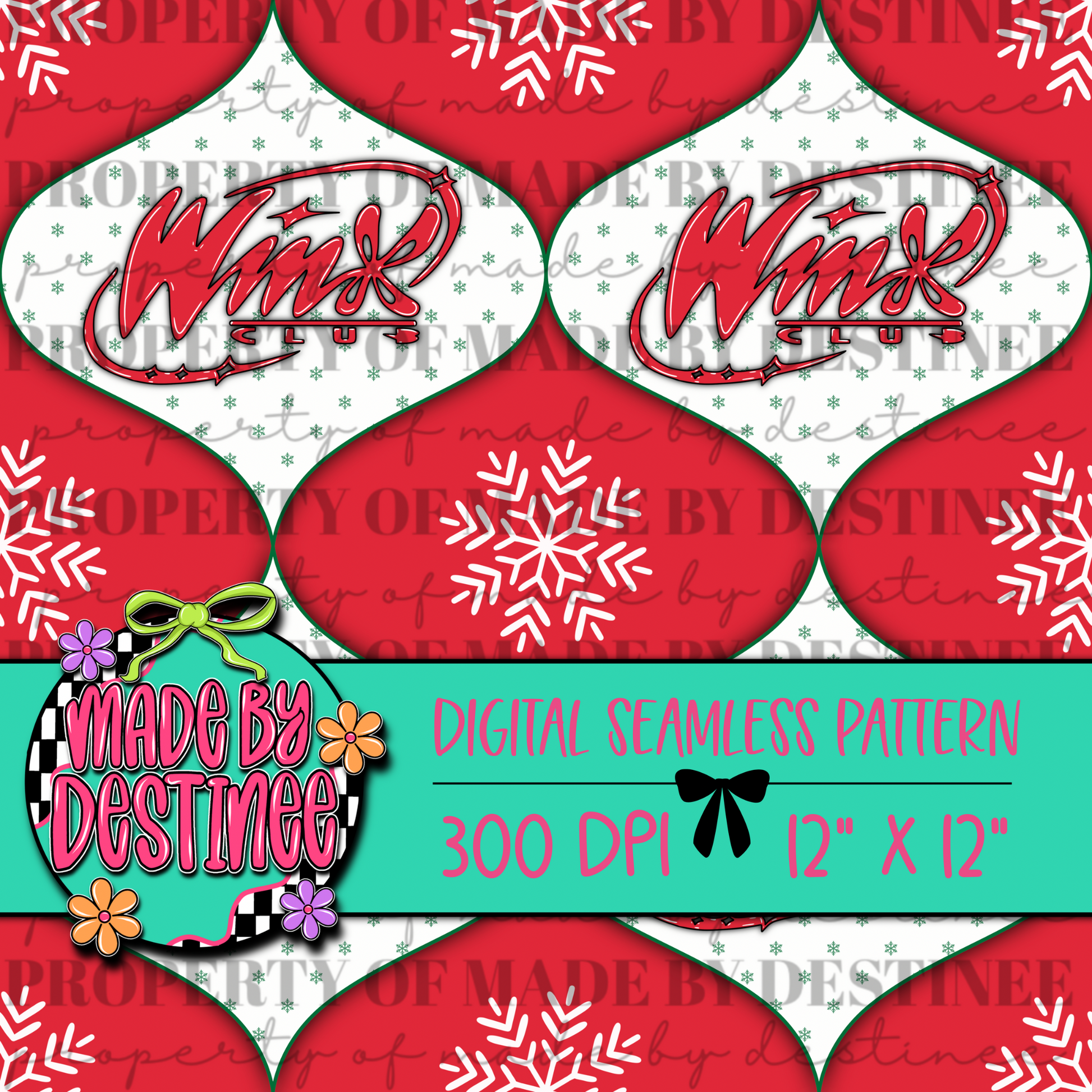 🎄 Winx Club Ornament Snowflake Seamless Pattern | Retro Holiday Digital Background PNG | Made by Destinee x Ditsy Gal Designs