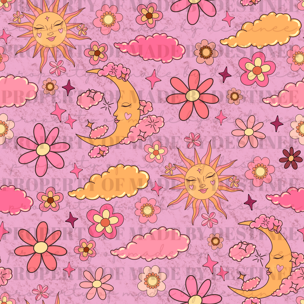 Retro Celestial Sun & Moon Seamless Pattern | Groovy Pink Floral Sky Background