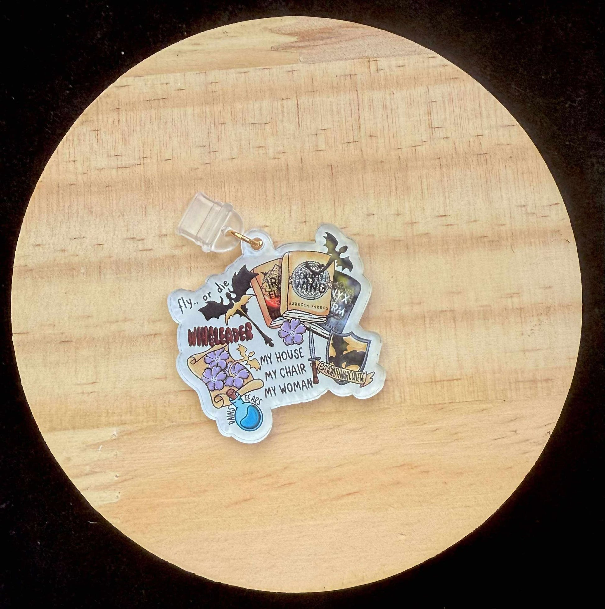 “Fly or Die” Fourth Wing Collage Dust Plug Charm – With Keyring & Clasp (iPhone, USB-C, Micro USB)