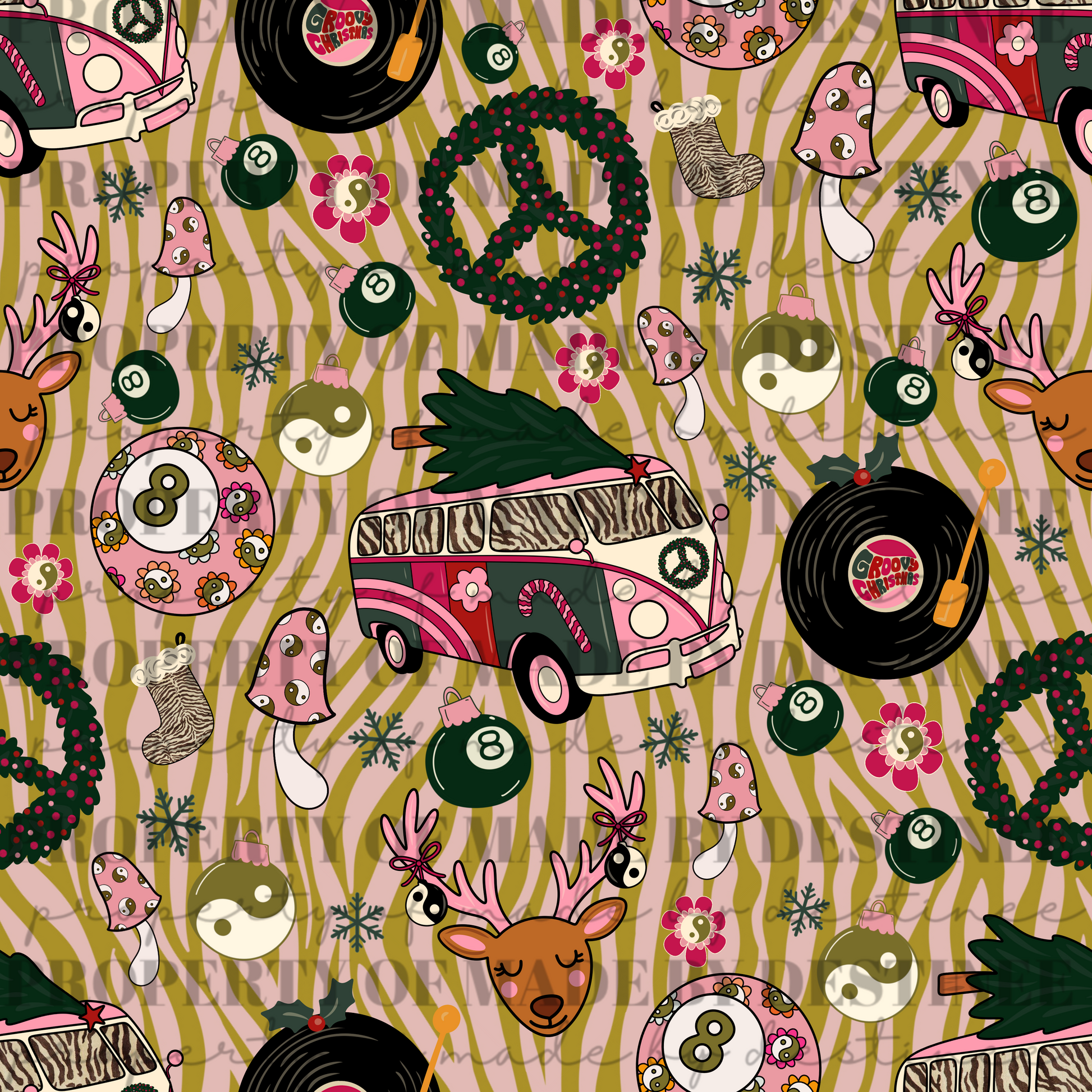 Groovy Retro Christmas Seamless Pattern | Pink Holiday Bus, Peace Signs, 70s Reindeer & Mushrooms | Vintage Holiday Seamless Background