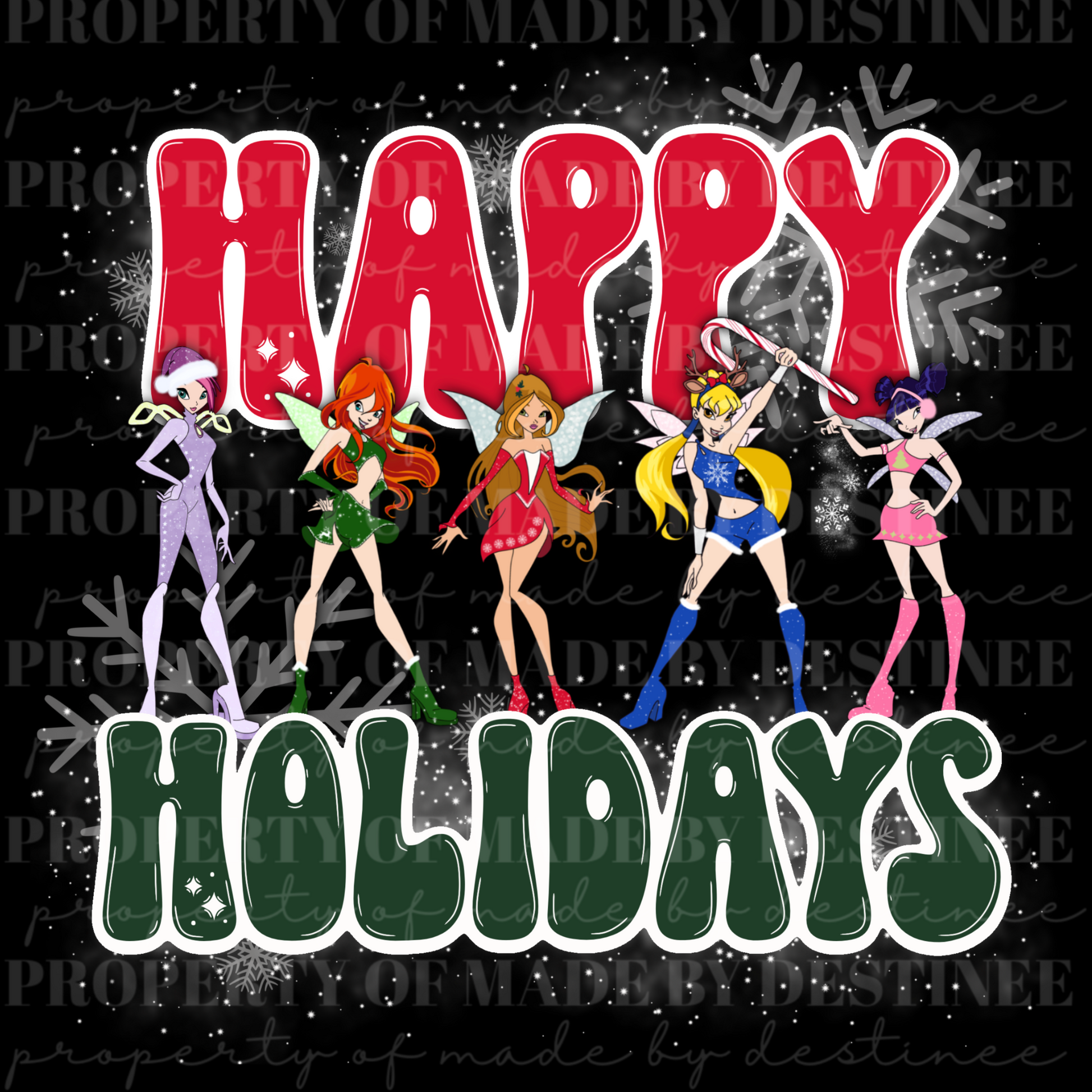 Winx Club “Happy Holidays” Retro Christmas PNG | Festive Character Design for Tees, DTF & Sublimation | Made by Destinee x Ditsy Gal Designs