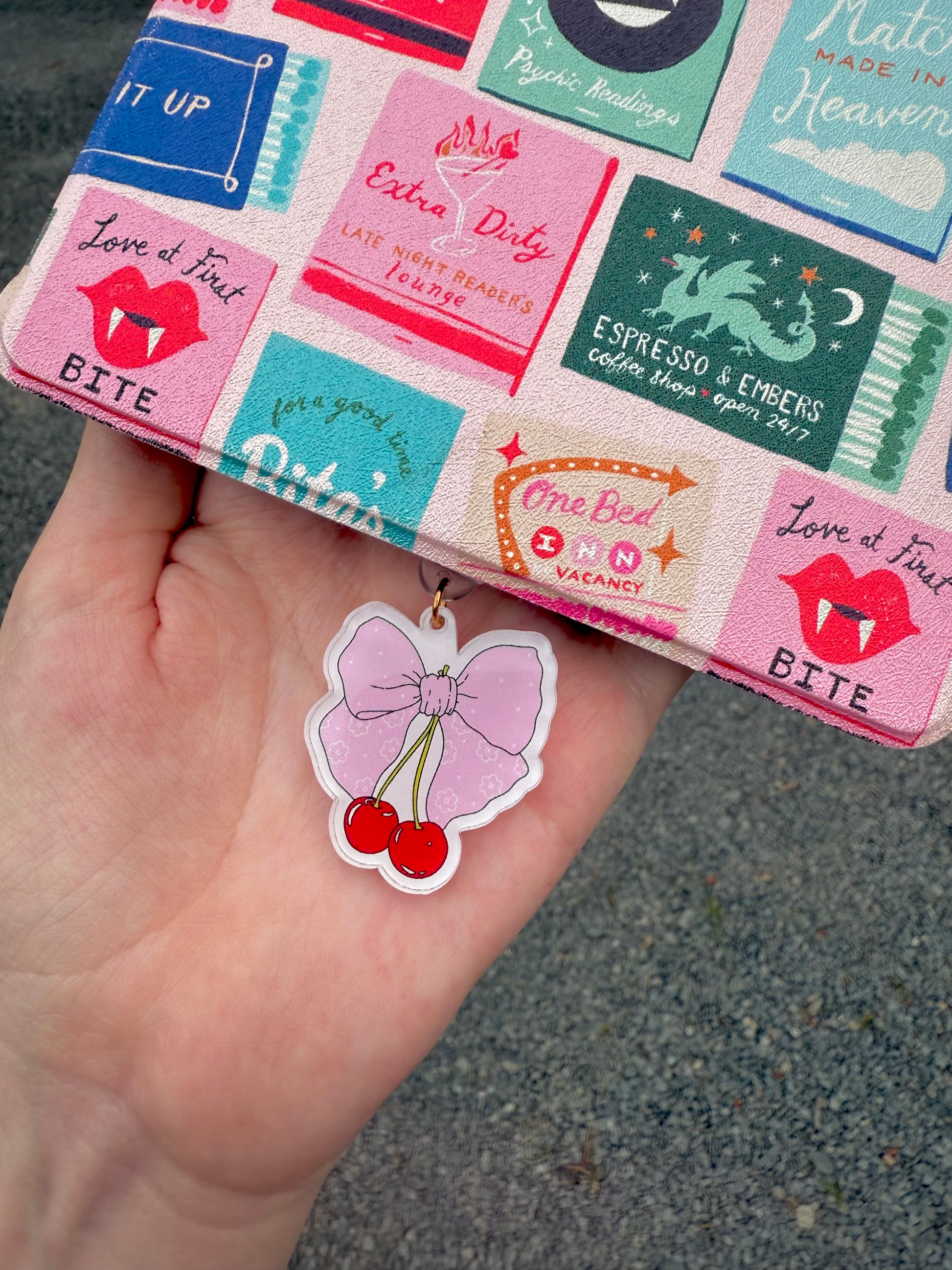 Cherry Bow Kindle Charm Dust Plug – Pastel E-Reader Accessory for Book Lovers