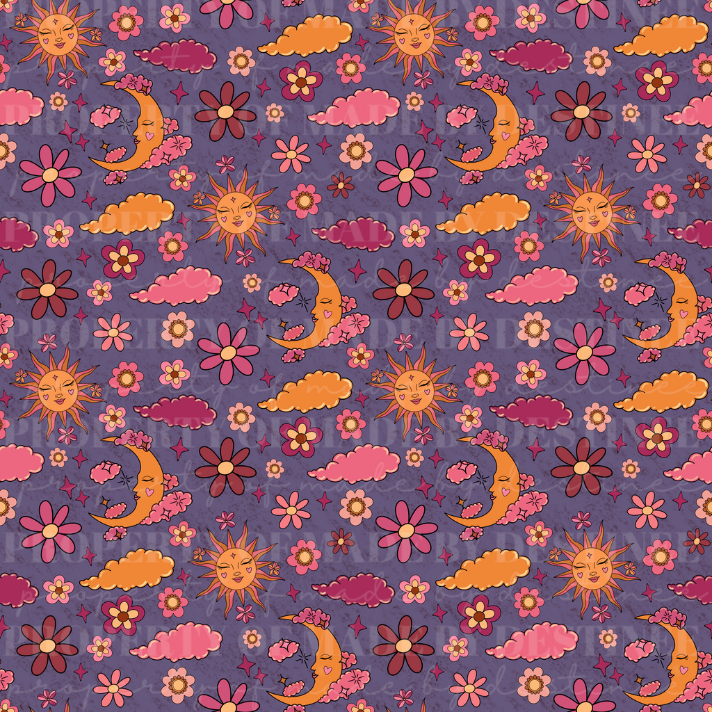 Retro Celestial Sun & Moon Seamless Pattern | Groovy Pink Floral Sky Background