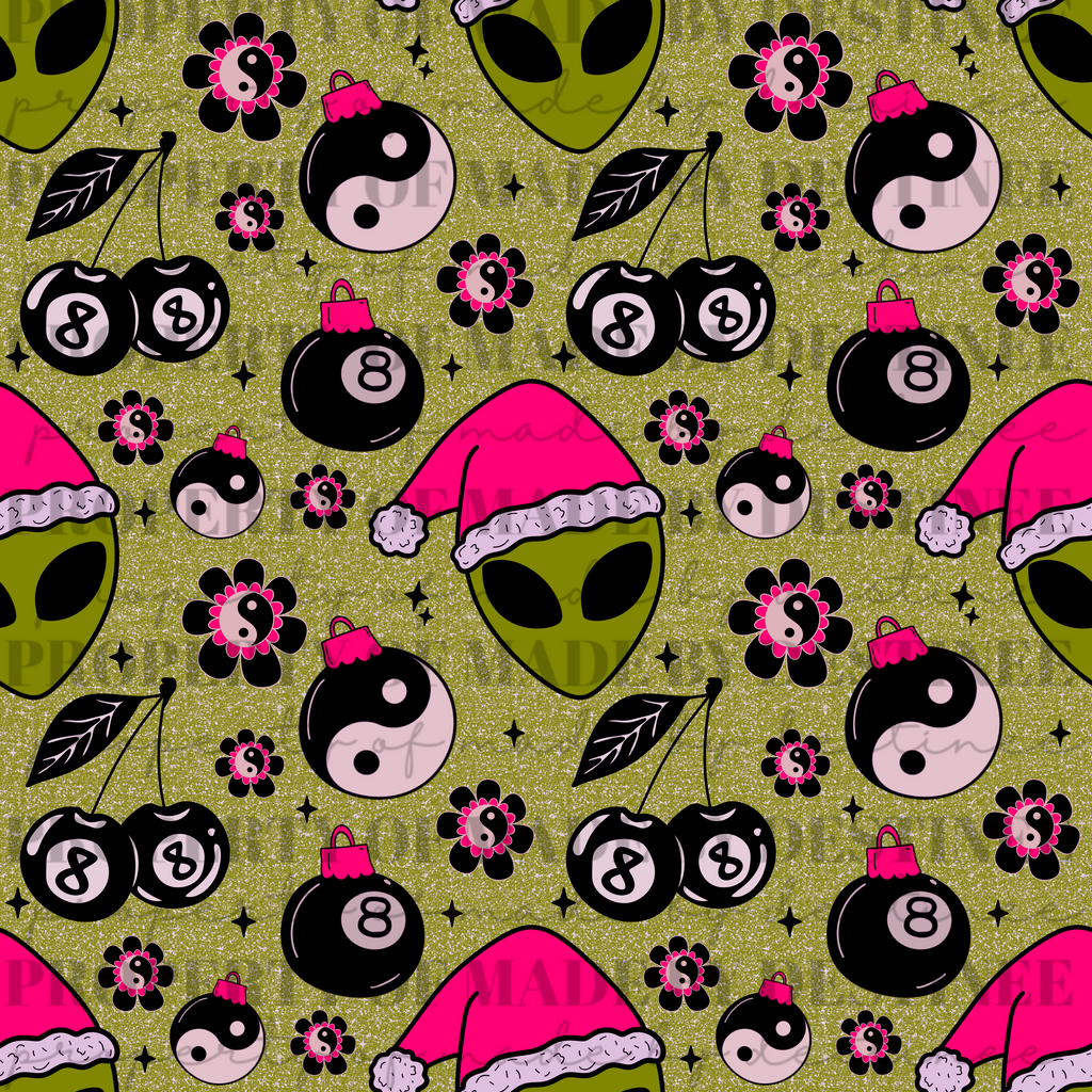 Neon Alien Christmas Seamless Pattern | Hot Pink Flames, Yin Yang, 8 Ball Ornaments & Cherries | Trippy Holiday Seamless Print