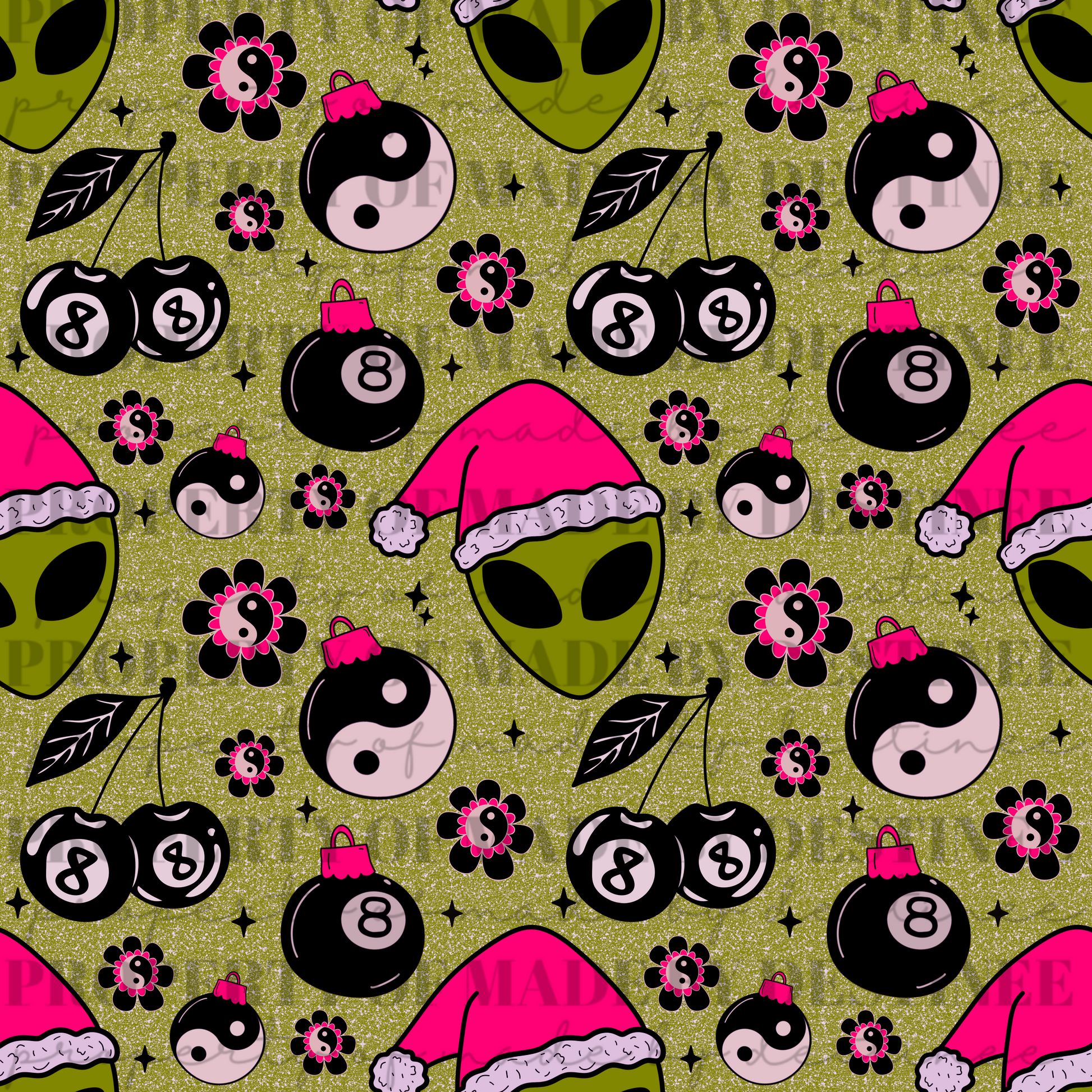 Neon Alien Christmas Seamless Pattern | Hot Pink Flames, Yin Yang, 8 Ball Ornaments & Cherries | Trippy Holiday Seamless Print