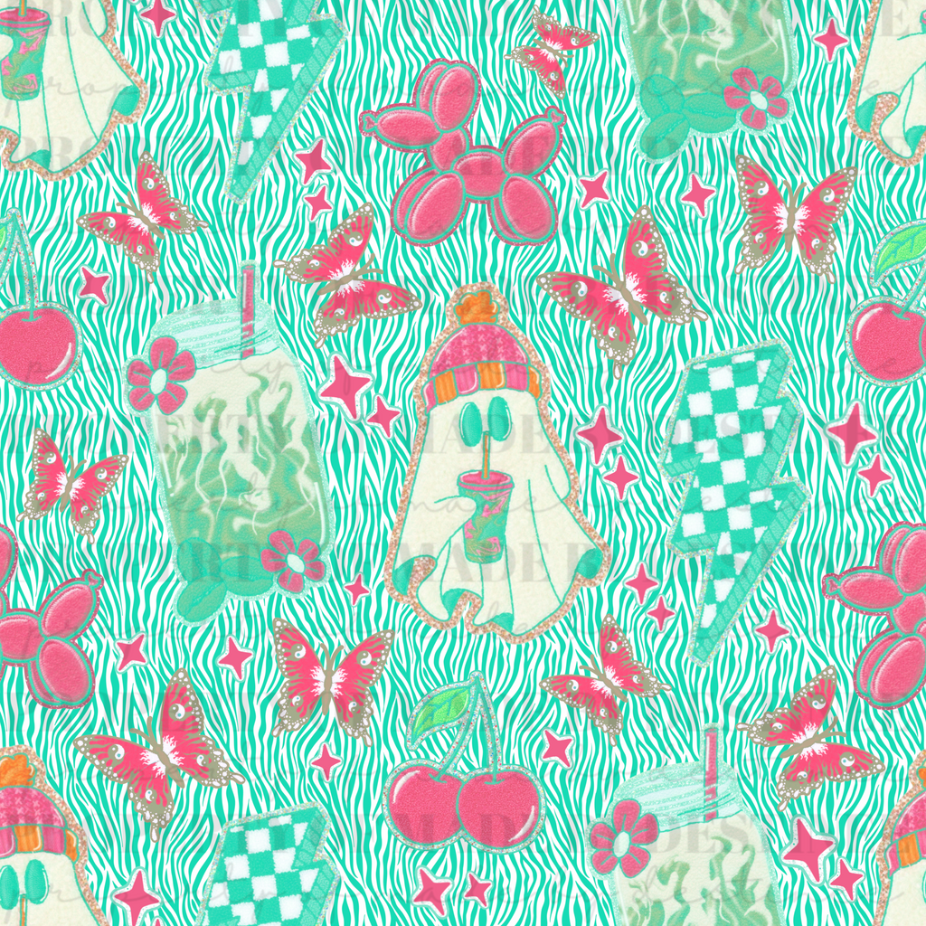 Zebra Print Pink Ghost & Retro Y2K Seamless Pattern | Spooky Cute PNG Background | Cherries, Butterflies & Checker Lightning