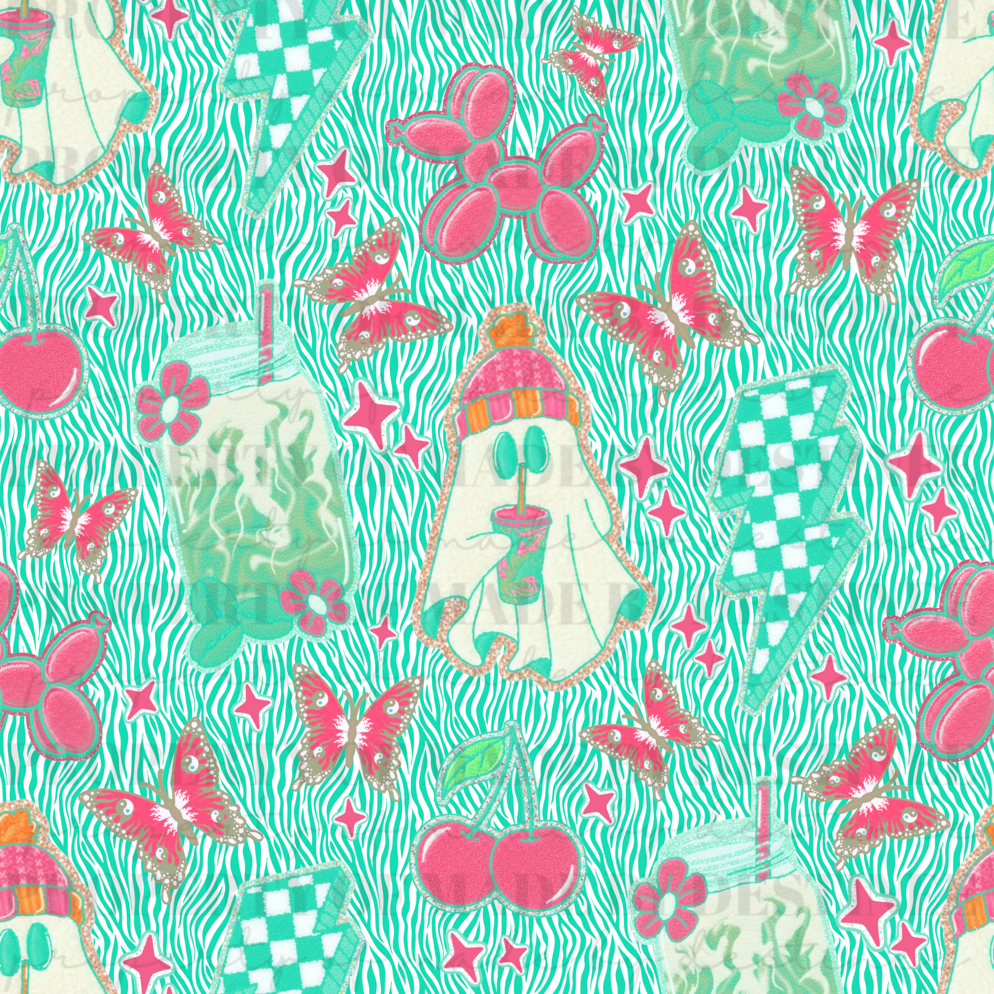 Zebra Print Pink Ghost & Retro Y2K Seamless Pattern | Spooky Cute PNG Background | Cherries, Butterflies & Checker Lightning