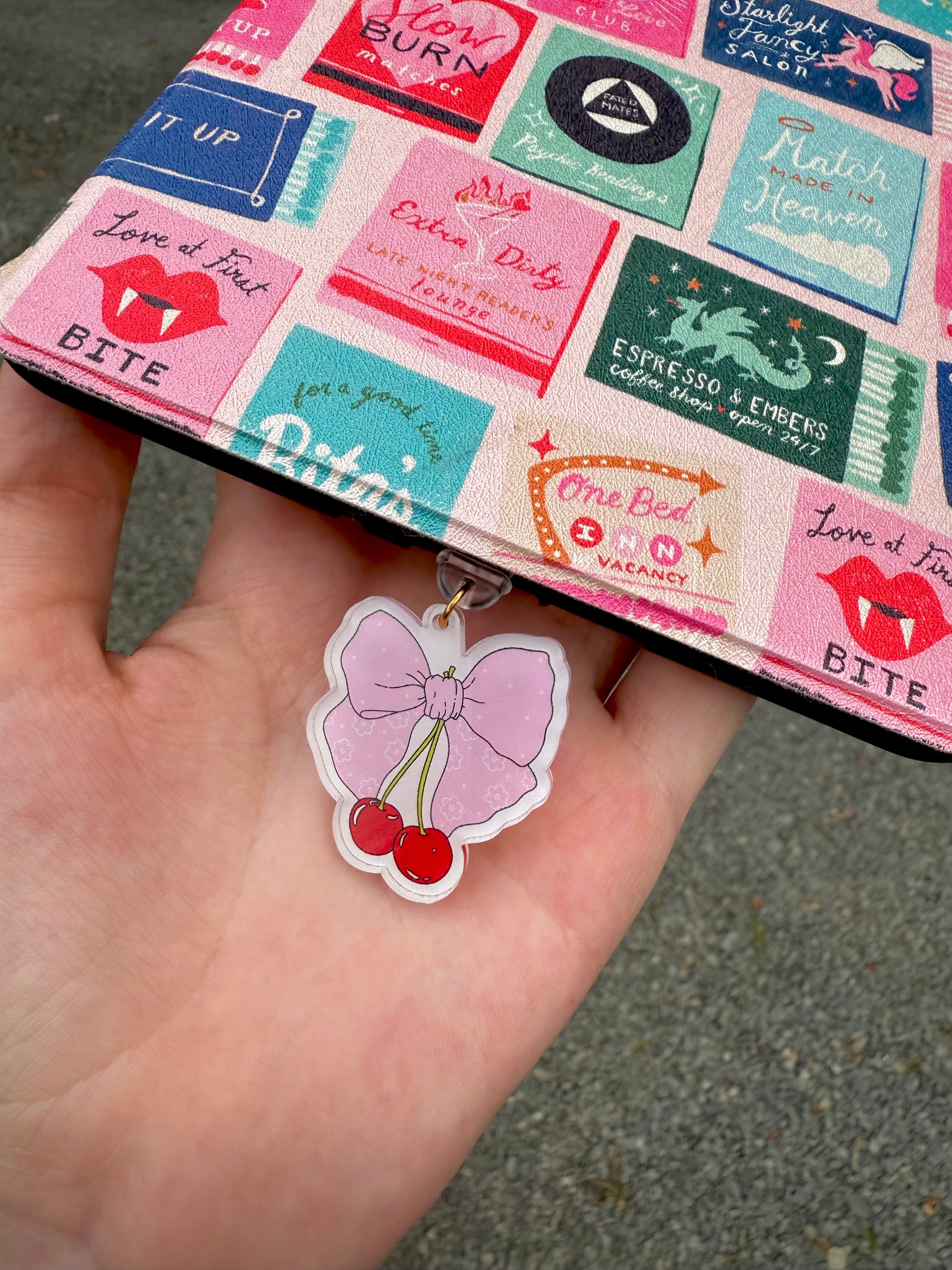 Cherry Bow Kindle Charm Dust Plug – Pastel E-Reader Accessory for Book Lovers