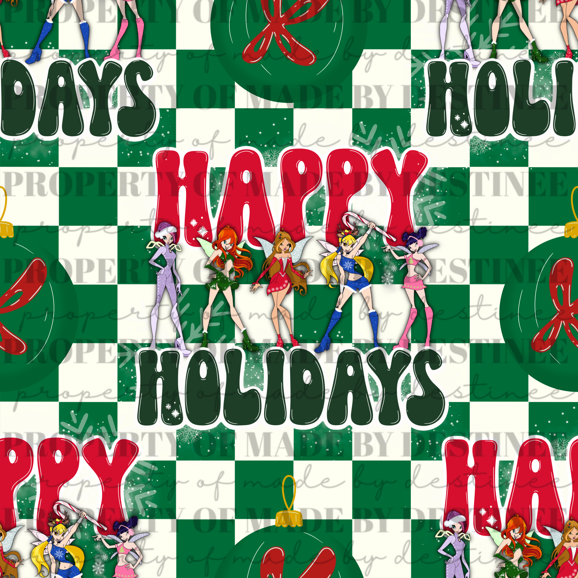 ✨ Winx Club “Happy Holidays” Seamless Pattern Bundle | Retro Christmas Digital PNG Backgrounds | Checkerboard, Zebra, and Festive Variants | Made by Destinee x Ditsy Gal Designs