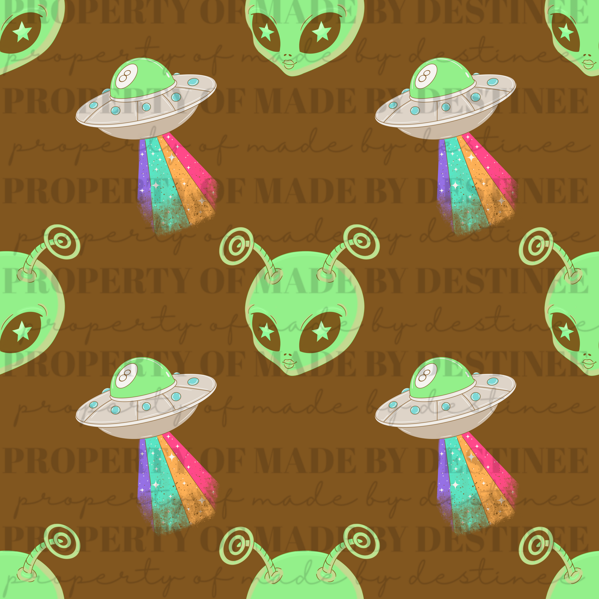 Star-Eyed Alien Seamless Digital Design | Neon Green Alien with Rainbow UFO Beams on Brown Background PNG