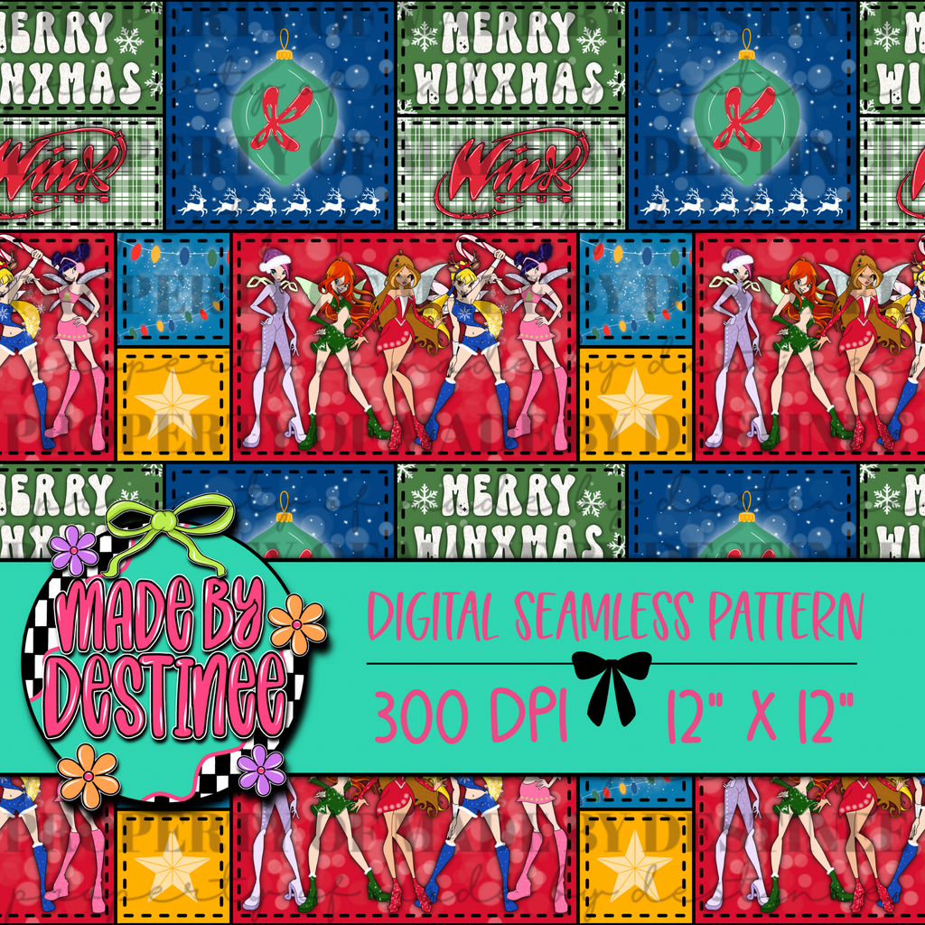Winx Club Christmas Seamless Pattern Bundle | Retro Holiday PNG Backgrounds | Checkerboard, Animal Print, Patchwork & More | Made by Destinee x Ditsy Gal Designs