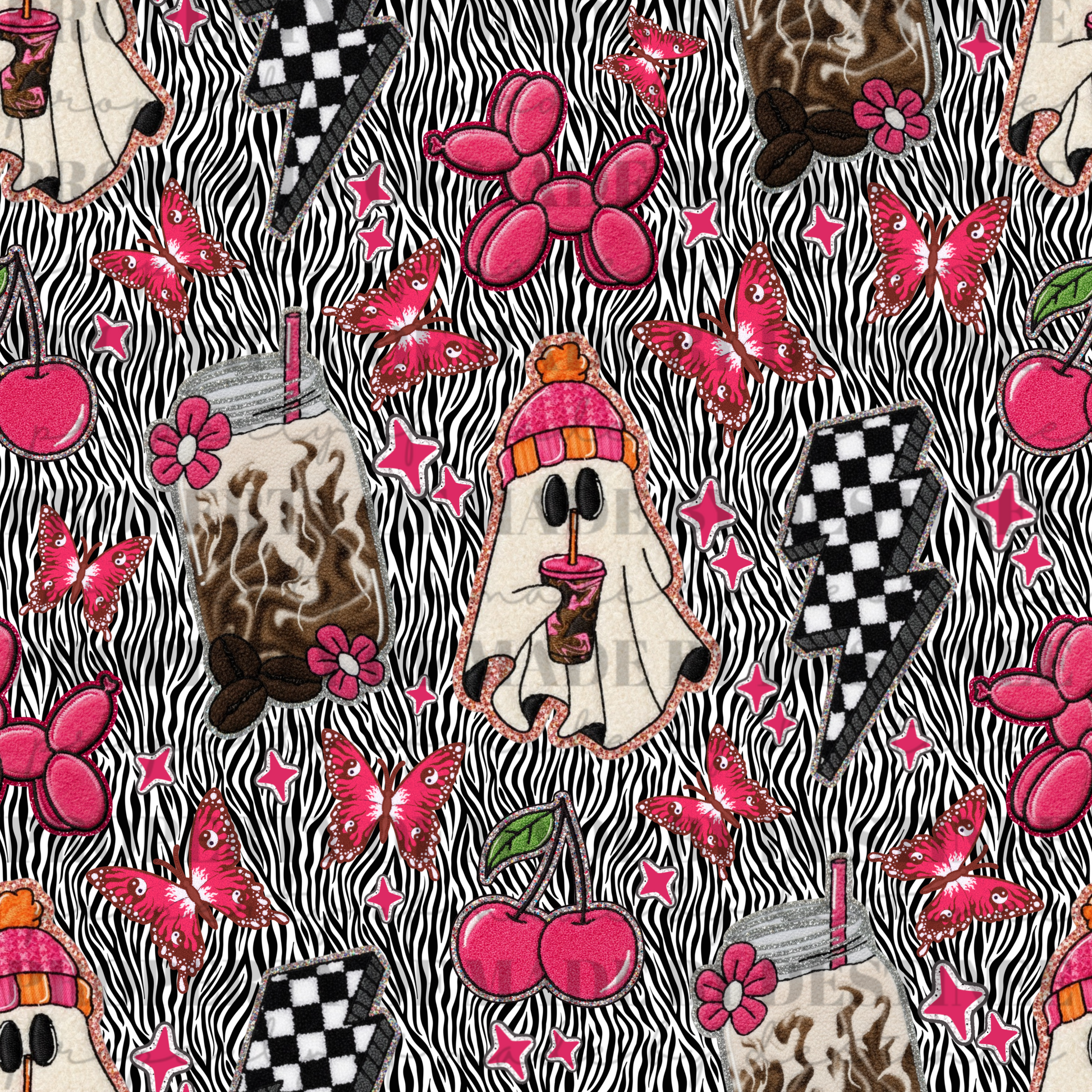 Zebra Print Pink Ghost & Retro Y2K Seamless Pattern | Spooky Cute PNG Background | Cherries, Butterflies & Checker Lightning