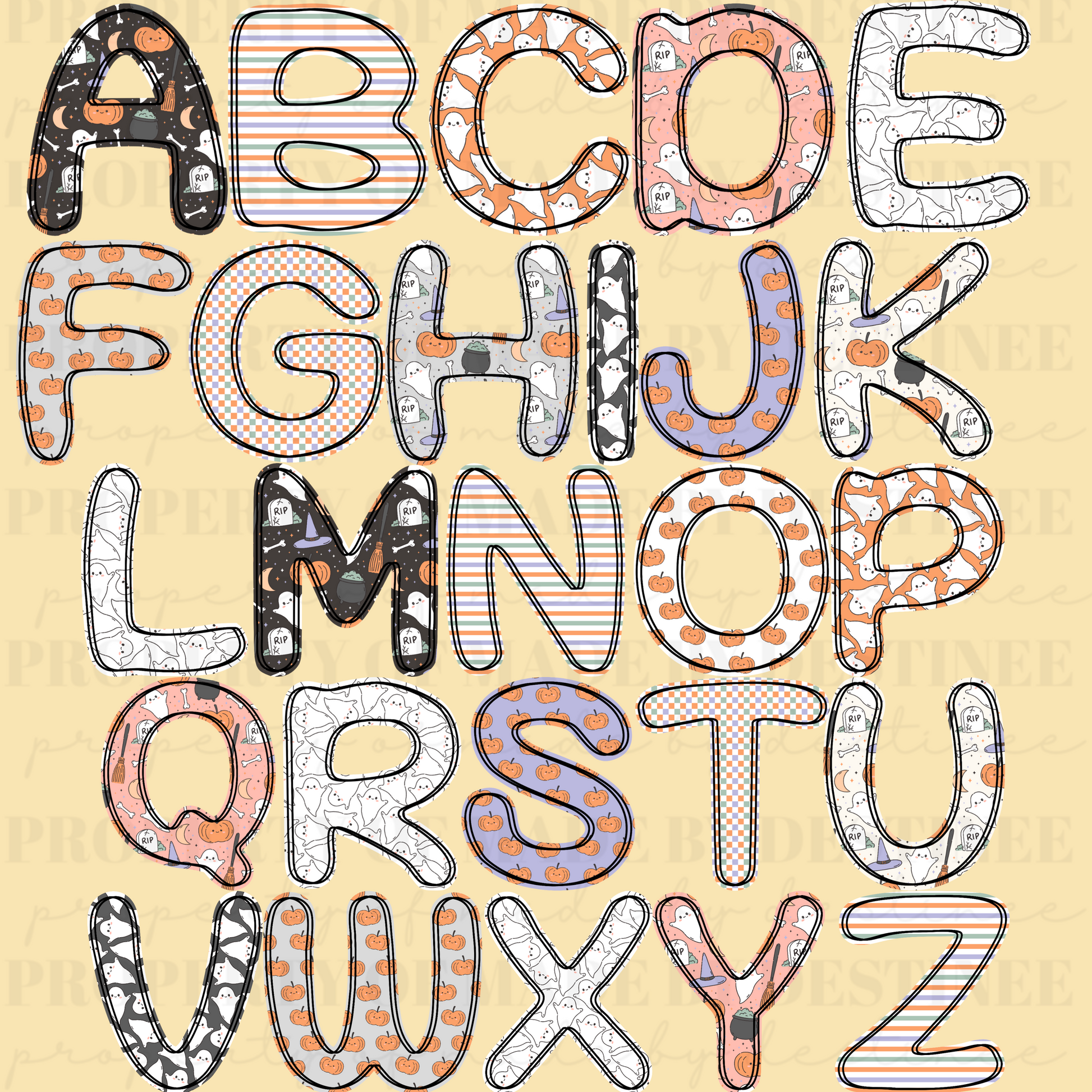 Spooky Halloween Outline Alphabet | Ghost, Pumpkin & Bat Letters | Digital A–Z Alpha Set