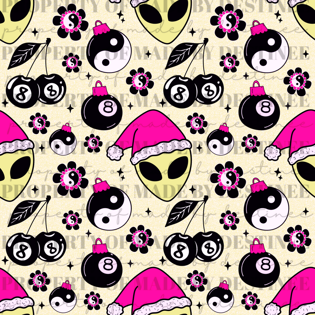 Neon Alien Christmas Seamless Pattern | Hot Pink Flames, Yin Yang, 8 Ball Ornaments & Cherries | Trippy Holiday Seamless Print