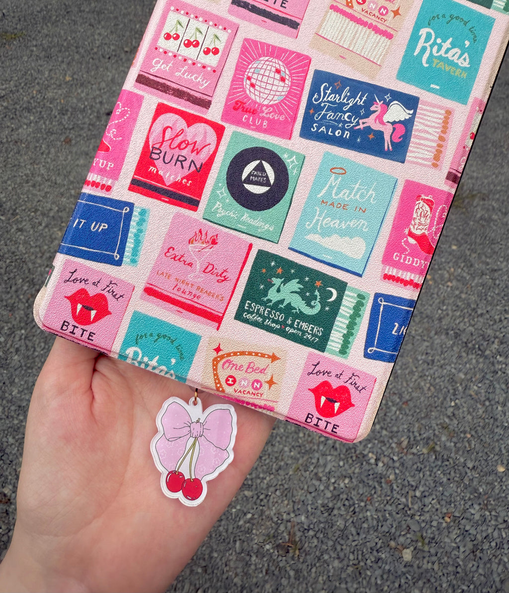 Cherry Bow Kindle Charm Dust Plug – Pastel E-Reader Accessory for Book Lovers