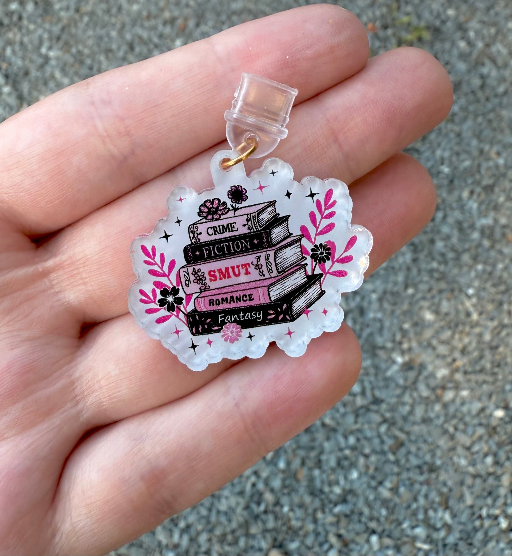 Stacked Book Genres Kindle Charm Dust Plug – Smut, Romance, Fantasy & More