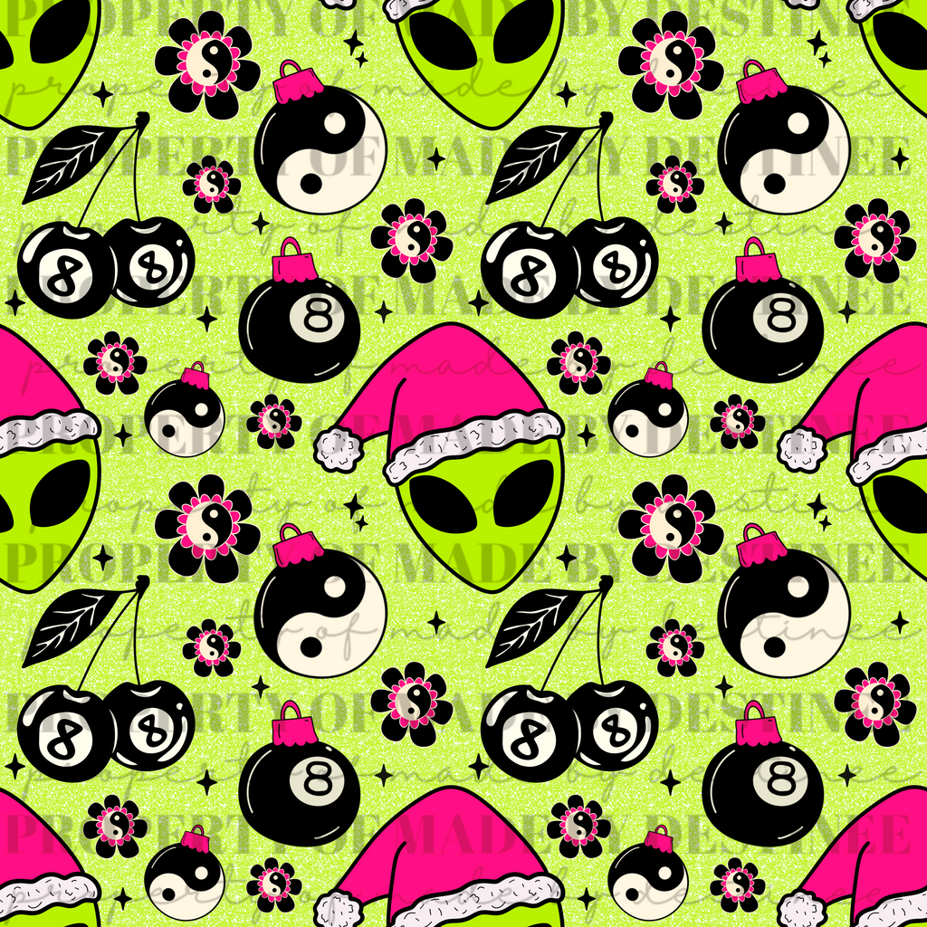 Neon Alien Christmas Seamless Pattern | Hot Pink Flames, Yin Yang, 8 Ball Ornaments & Cherries | Trippy Holiday Seamless Print