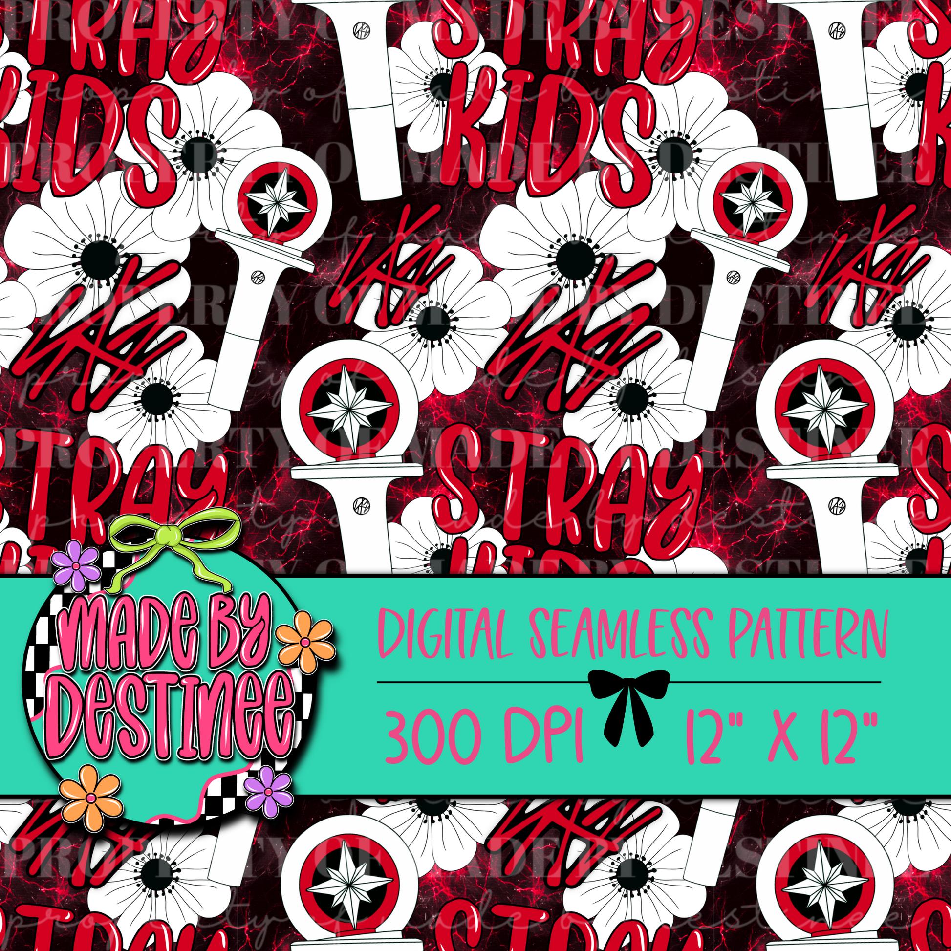 Stray Kids K-Pop Seamless Pattern | Red & White Floral Lightstick | 300 DPI Digital File 12x12