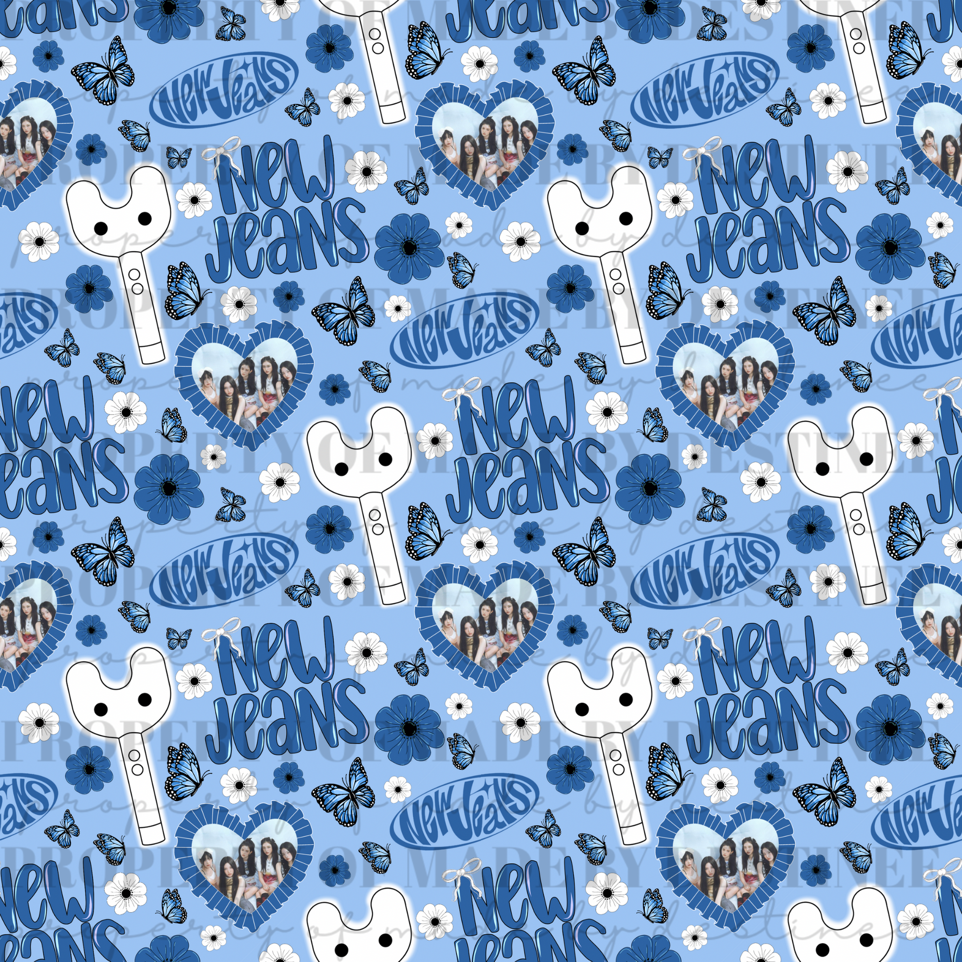 NewJeans K-Pop Seamless Pattern | Blue Floral Butterfly Lightstick | 300 DPI Digital File 12x12