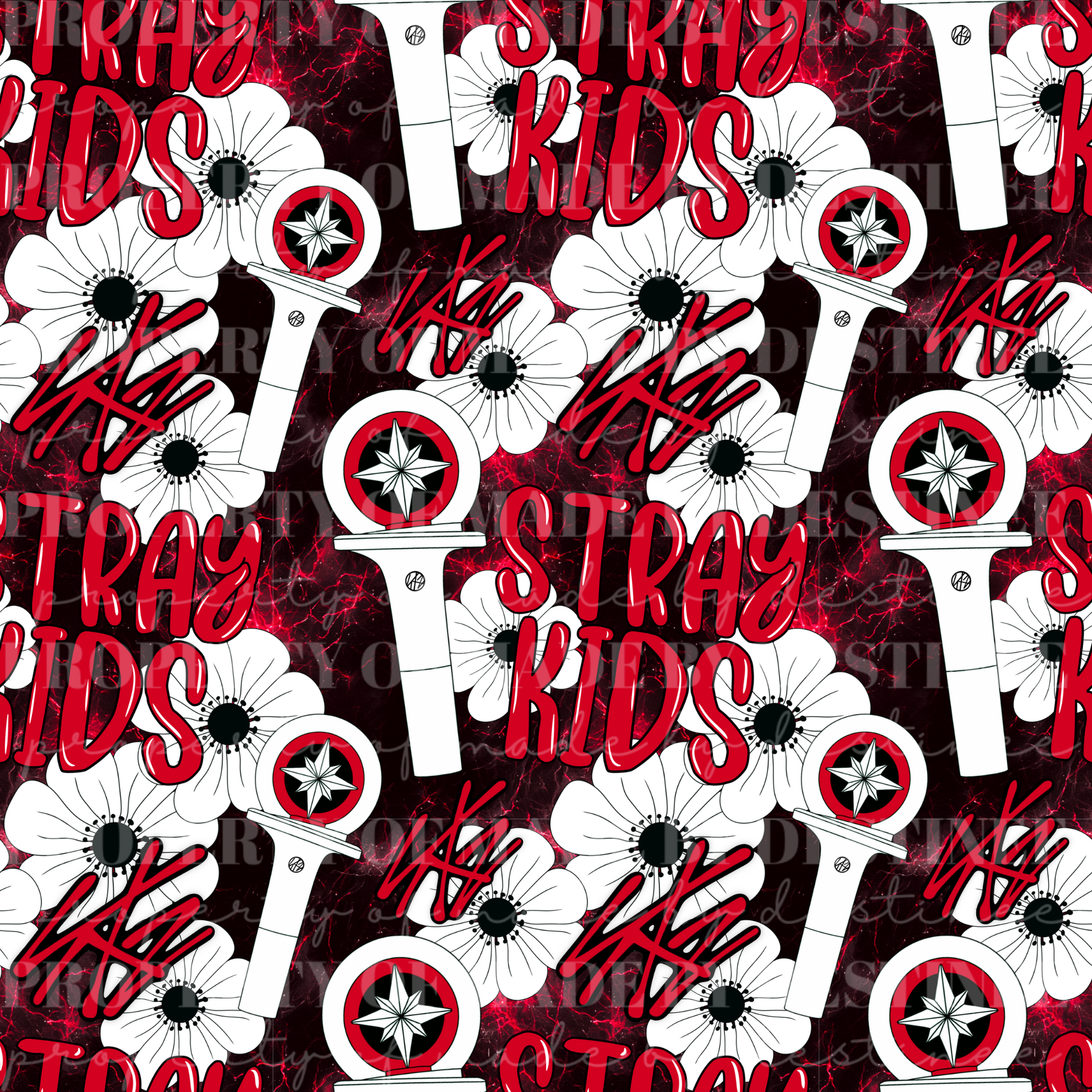 Stray Kids K-Pop Seamless Pattern | Red & White Floral Lightstick | 300 DPI Digital File 12x12