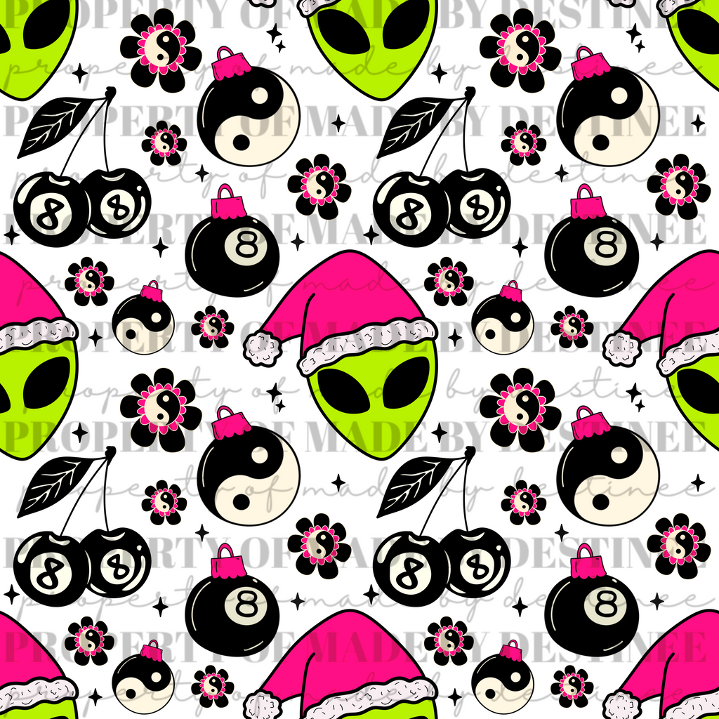 Neon Alien Christmas Seamless Pattern | Hot Pink Flames, Yin Yang, 8 Ball Ornaments & Cherries | Trippy Holiday Seamless Print