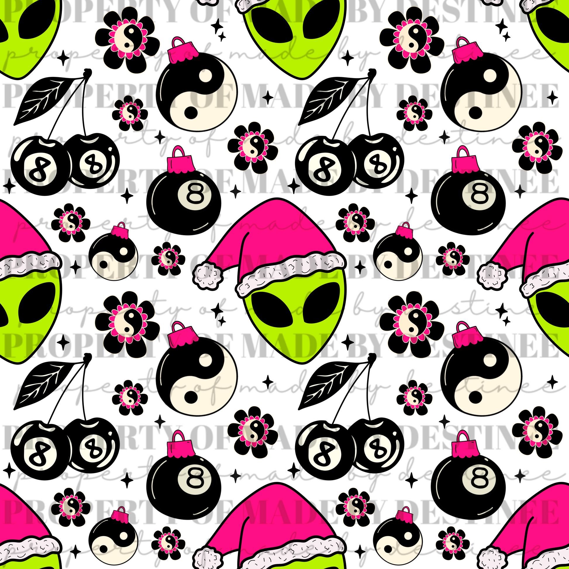 Neon Alien Christmas Seamless Pattern | Hot Pink Flames, Yin Yang, 8 Ball Ornaments & Cherries | Trippy Holiday Seamless Print