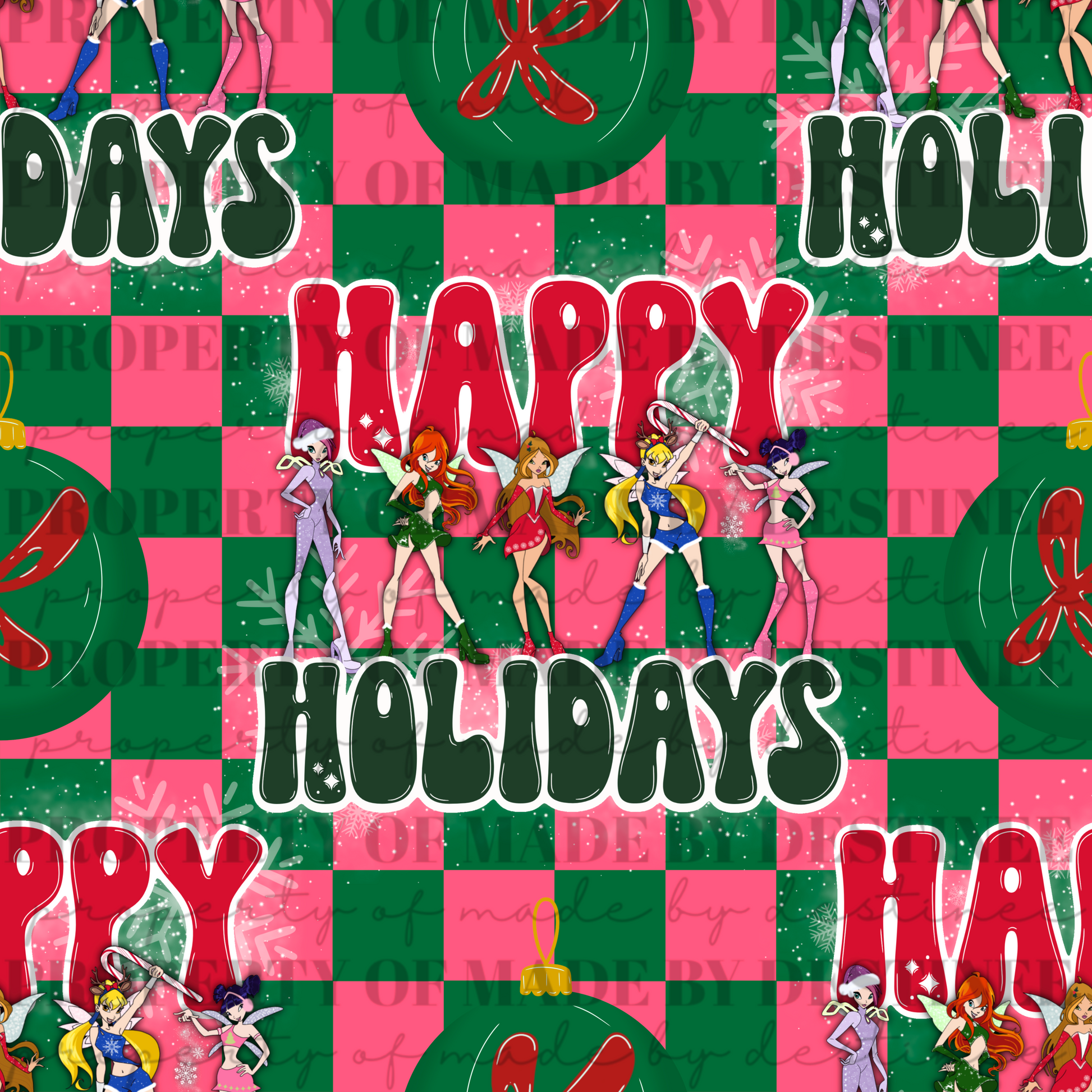 ✨ Winx Club “Happy Holidays” Seamless Pattern Bundle | Retro Christmas Digital PNG Backgrounds | Checkerboard, Zebra, and Festive Variants | Made by Destinee x Ditsy Gal Designs