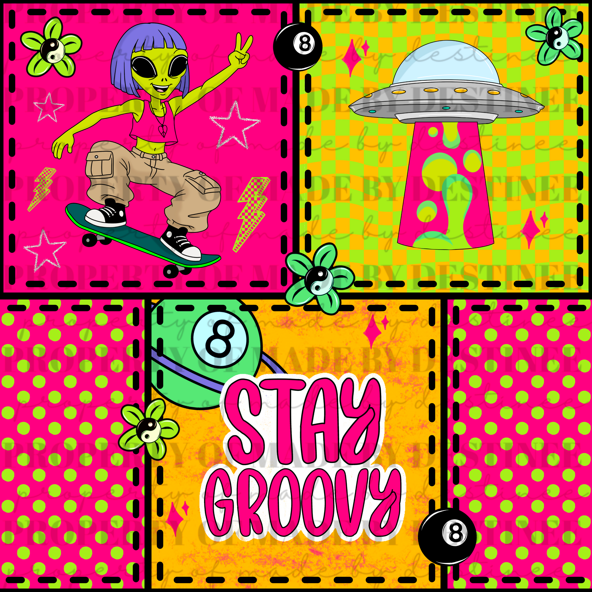 Stay Groovy Alien Patchwork Digital Design | Skater Alien, UFOs, and Retro Y2K Pattern PNG