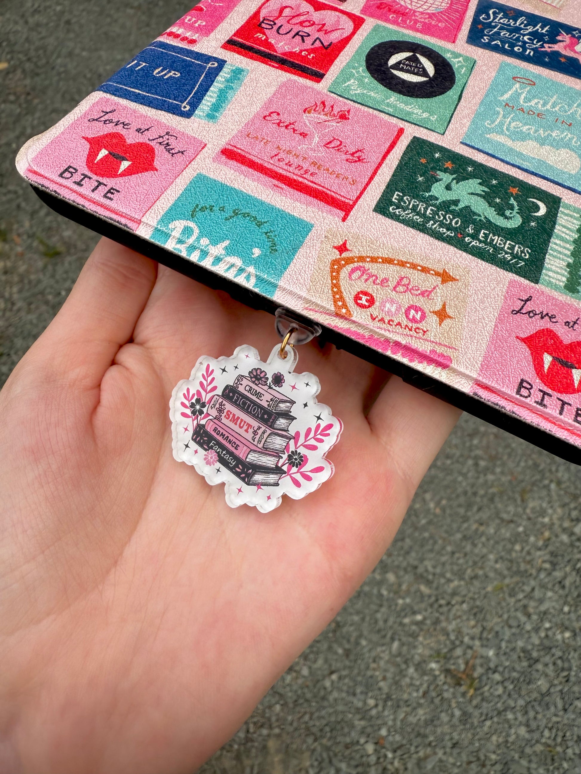 Stacked Book Genres Kindle Charm Dust Plug – Smut, Romance, Fantasy & More