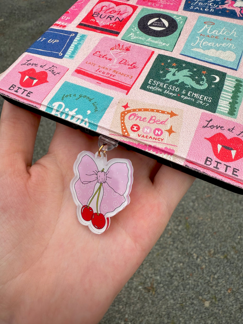 Cherry Bow Kindle Charm Dust Plug – Pastel E-Reader Accessory for Book Lovers