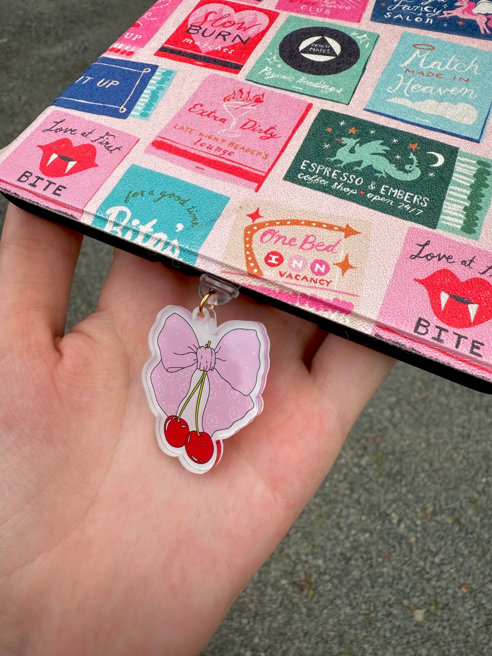 Cherry Bow Kindle Charm Dust Plug – Pastel E-Reader Accessory for Book Lovers