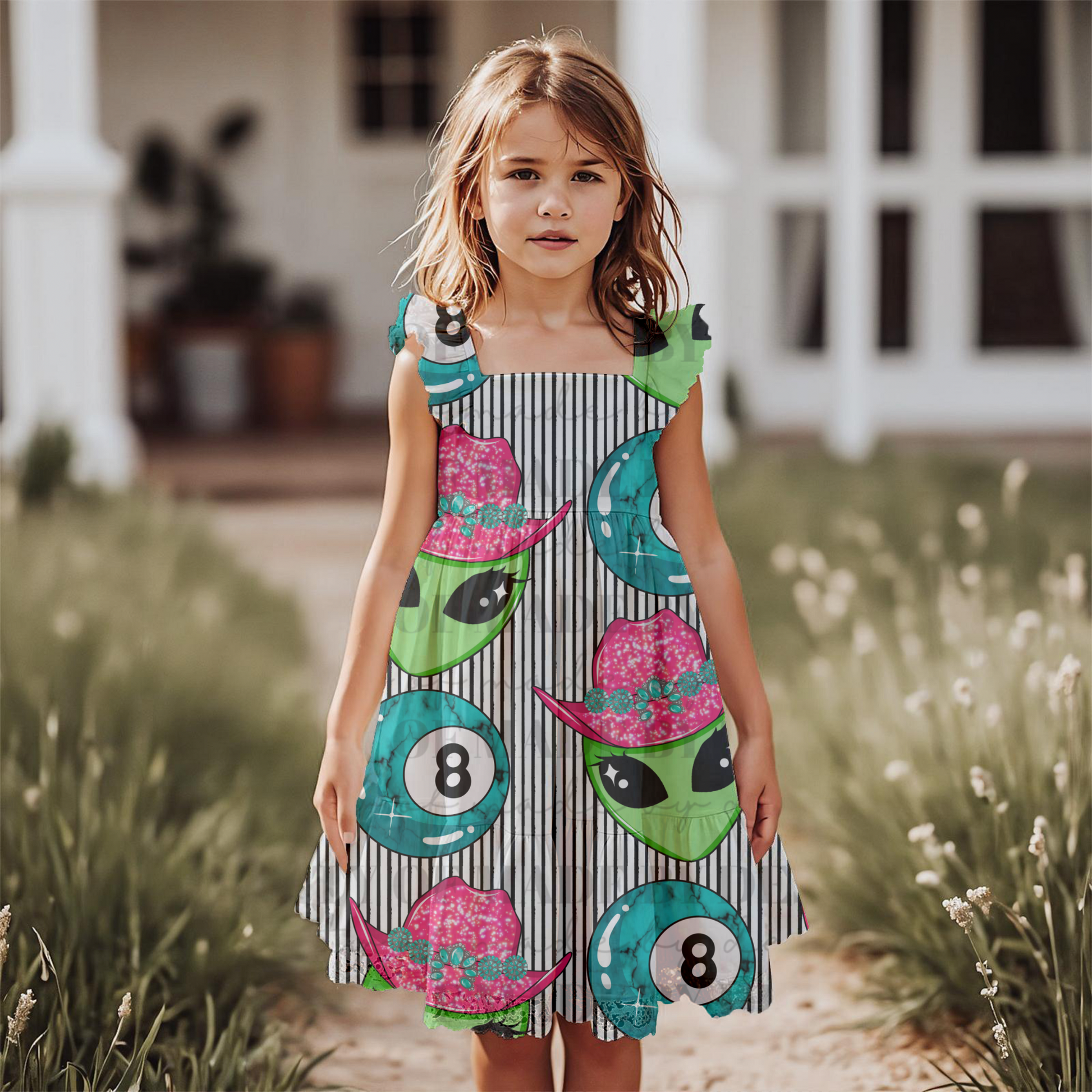 Cowgirl Alien & 8 Ball Seamless PNG