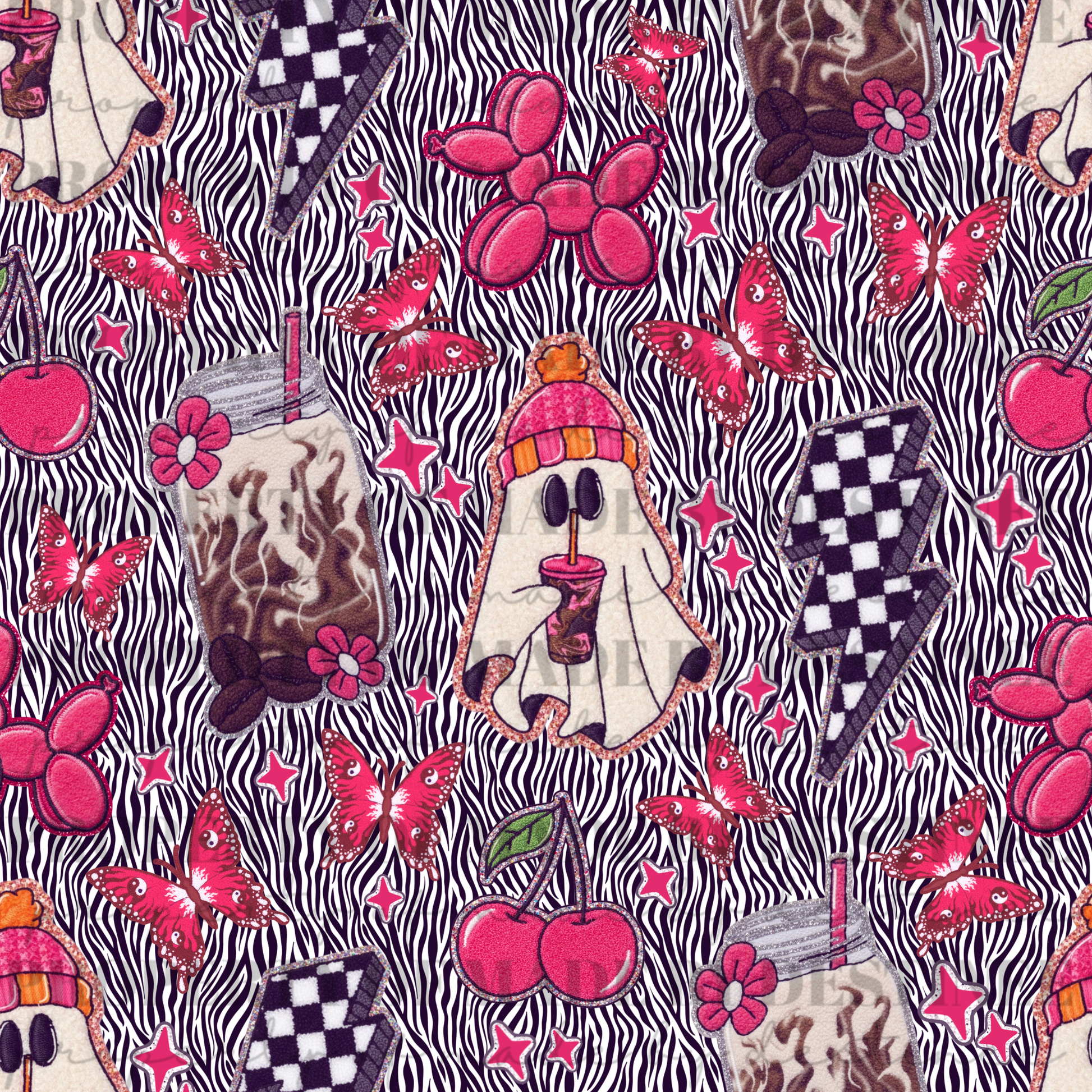 Zebra Print Pink Ghost & Retro Y2K Seamless Pattern | Spooky Cute PNG Background | Cherries, Butterflies & Checker Lightning