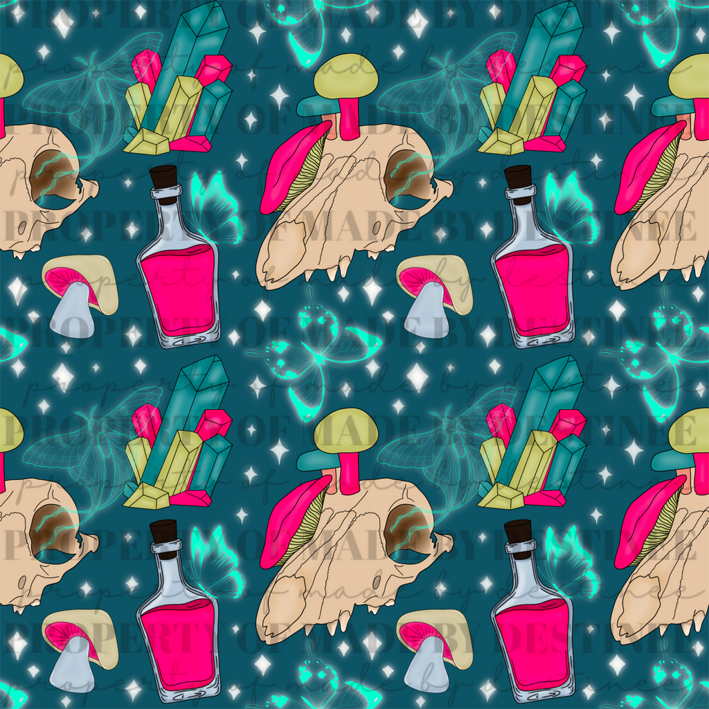 Mystic Skull, Mushroom & Potion Seamless Design