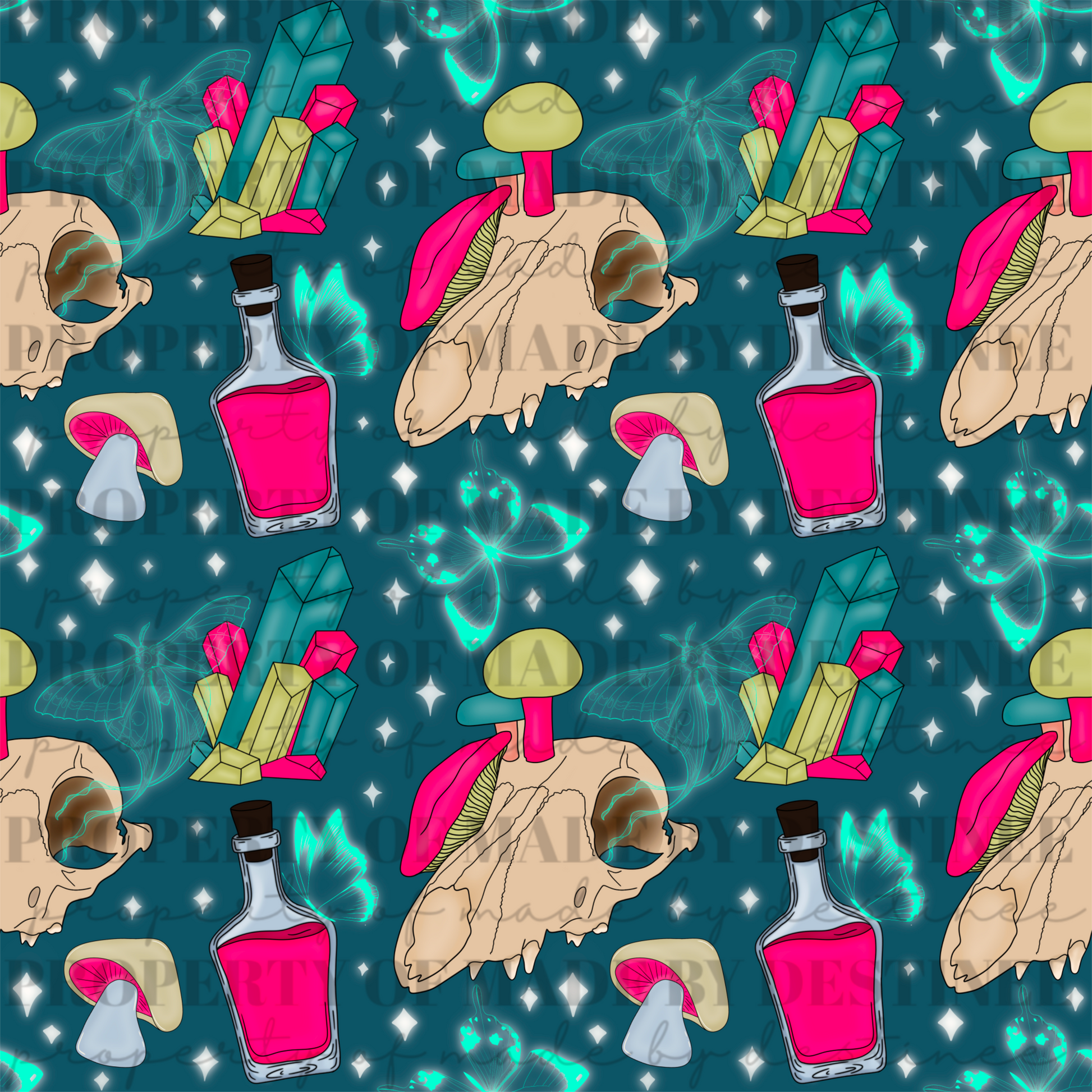 Mystic Skull, Mushroom & Potion Seamless Design