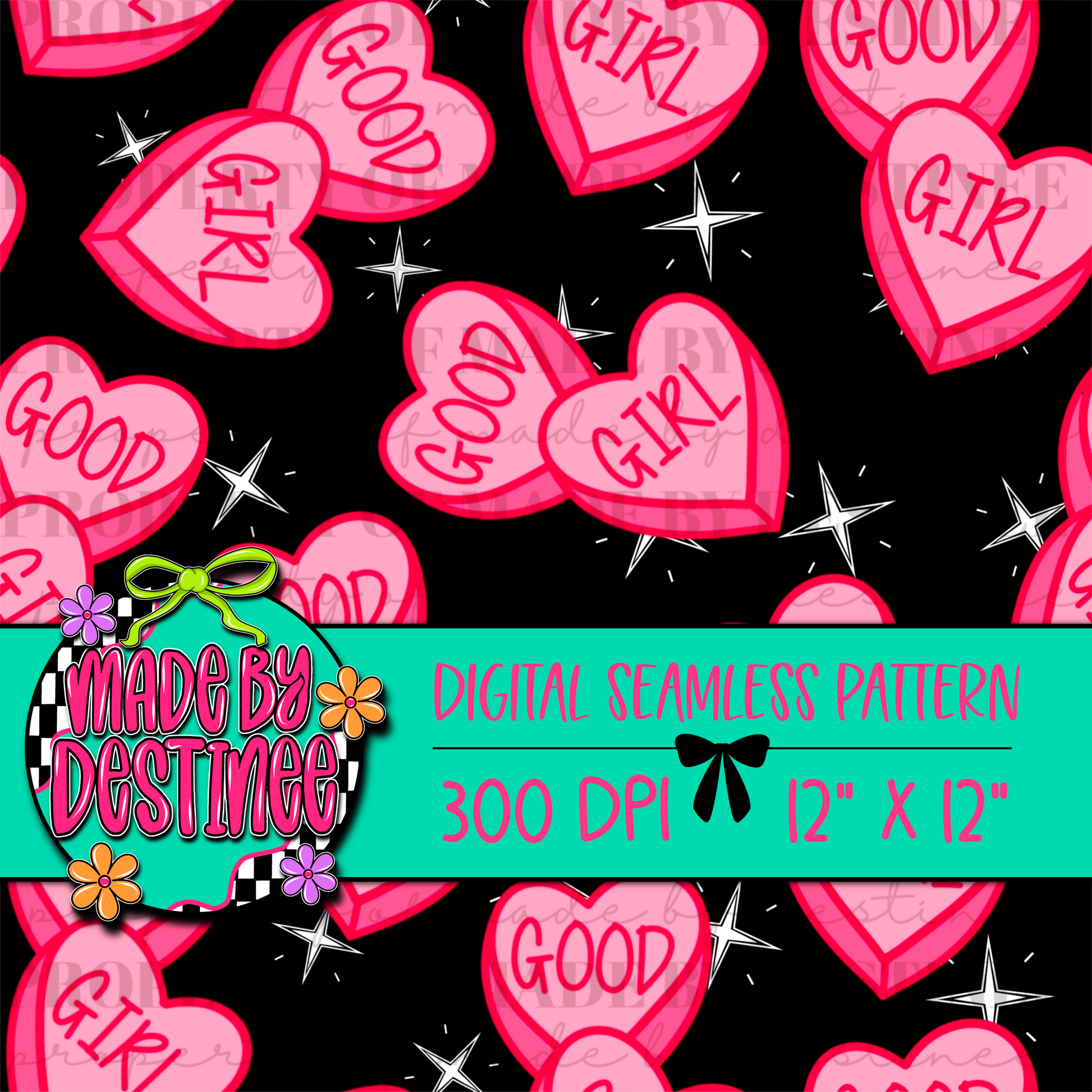 Good Girl Heart Digital Seamless Pattern PNG – Pink Candy Heart Star Print | 12x12" 300 DPI