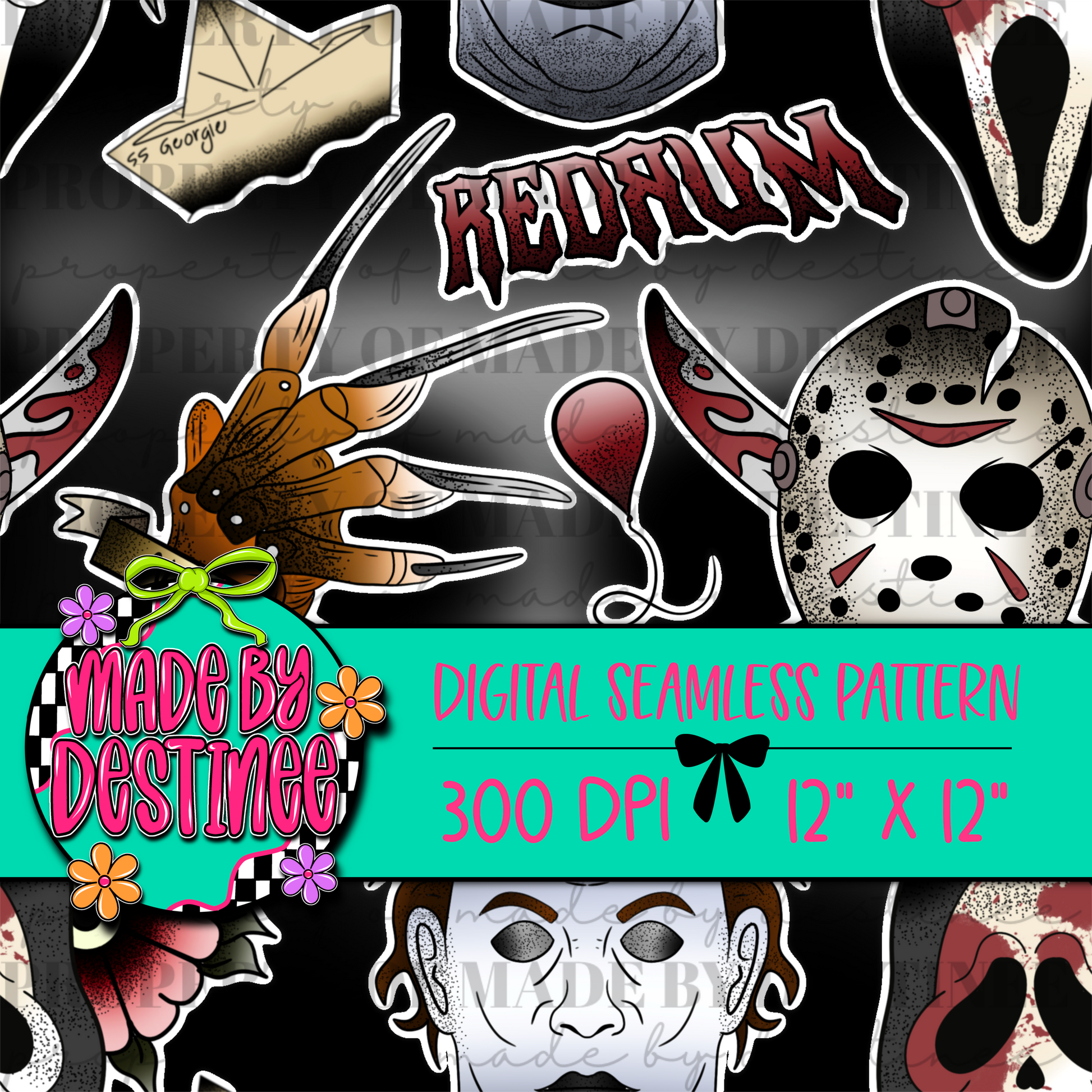 Horror Movie Villains Digital Seamless Pattern PNG – Slasher Mask & Scary Prop Design | 12x12" 300 DPI