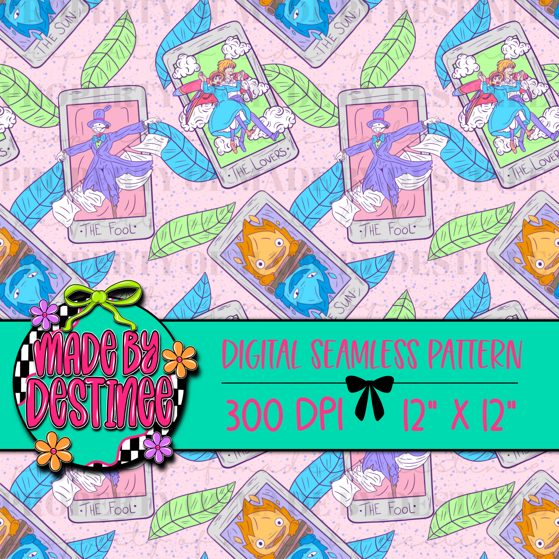 Pastel Leafy Anime Tarot Card Seamless Pattern PNG – Whimsical Fantasy Digital Download | 12x12" 300 DPI