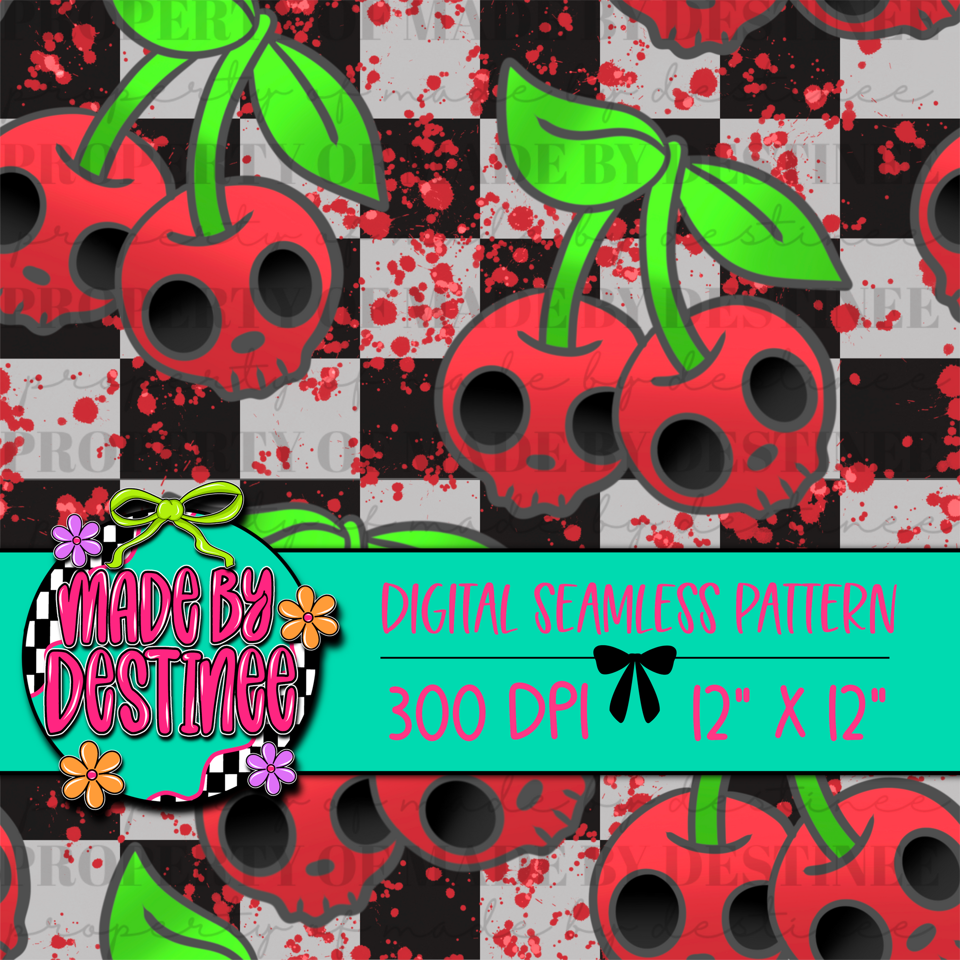 Skull Cherry Seamless Digital Pattern | 12x12" 300 DPI Punk Rock Grunge Gothic Background