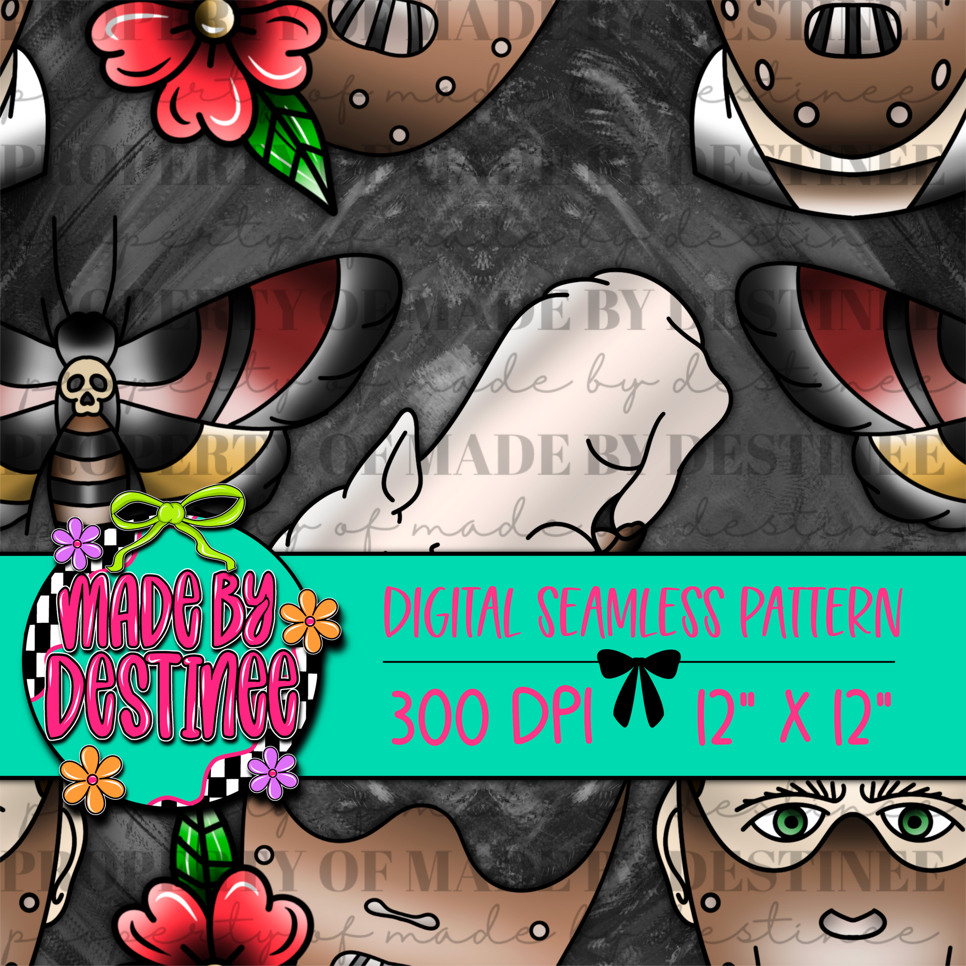Horror Thriller Seamless Digital Pattern | 12x12" 300 DPI Creepy Mask Moth Background