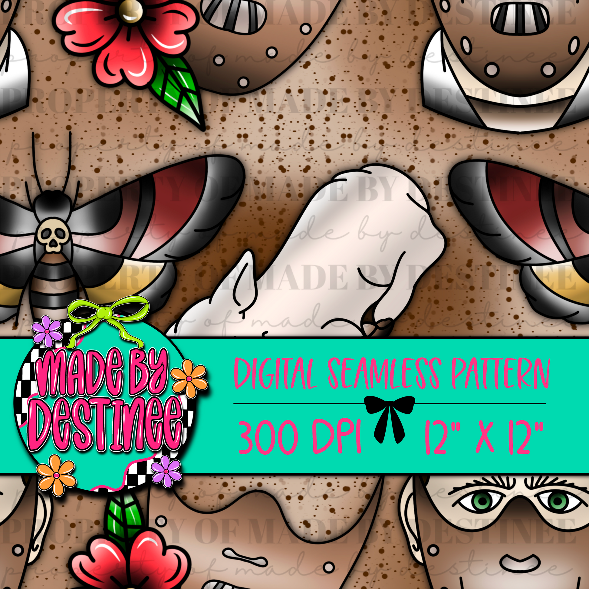 Speckled Horror Thriller Seamless Digital Pattern | 12x12" 300 DPI Creepy Mask & Moth Background